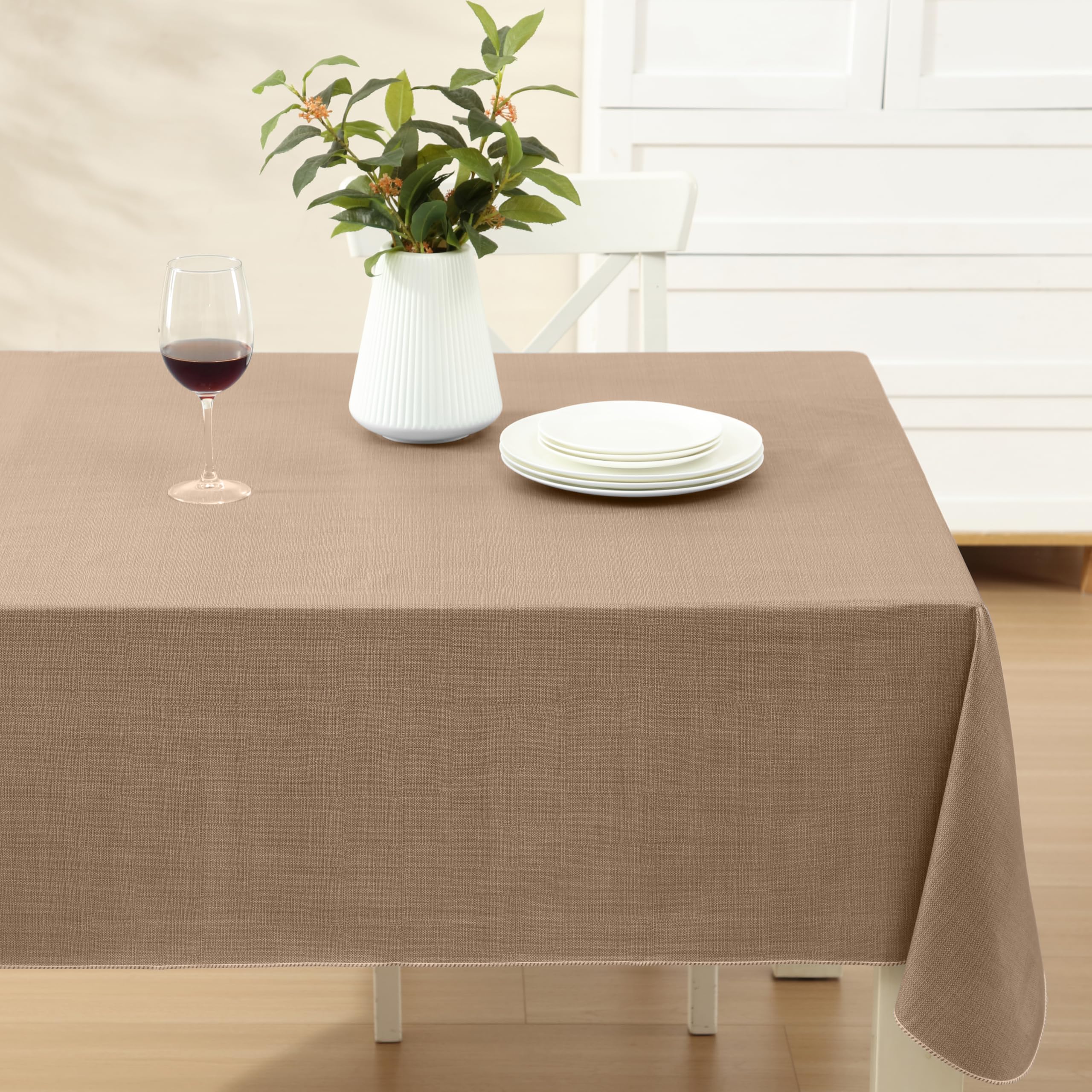 Premium Heavy 4 Gauge Vinyl Flannel Backed Tablecloth - Cafe Hotel Linen Look Solid Taupe - 60x84 Inch Rectangle - Indoor/Outdoor Wipe Clean - Perfect for Restaurants, Weddings & Outdoor Dining