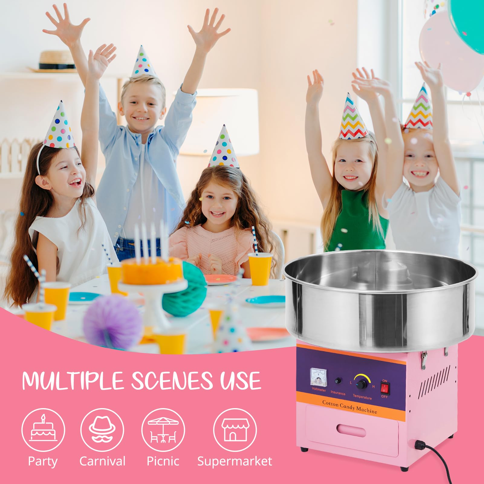 Commercial Cotton Candy Machine 1000W - Electric Candy Floss Maker with Stainless Steel Bowl, Sugar Scoop & Storage Drawer - Perfect for Birthday Parties, Carnival Events, Wedding Receptions & Family Gatherings (Pink)