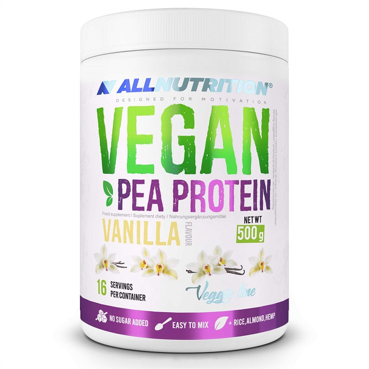 Allnutrition Vegan Pea Protein Powder - Vanilla Flavor 500g | Plant-Based Protein Supplement for Muscle Recovery, Smoothies & Baking | Dairy-Free & Gluten-Free