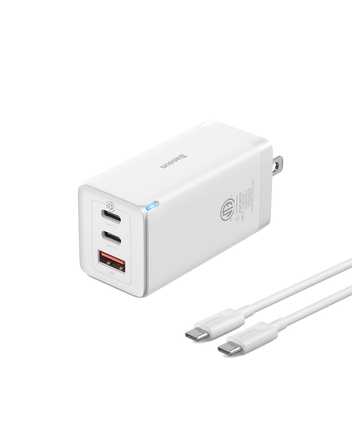 Baseus 65W GaN USB C Wall Charger with 3 Ports, Fast Charging for iPhone 14/Pro Max/SE/11/XR/XS, Samsung S22+/S22, MacBook Pro/Air, iPad, Laptops, Pixel 7, Steam Deck - Compact Foldable Design for Travel & Home Use