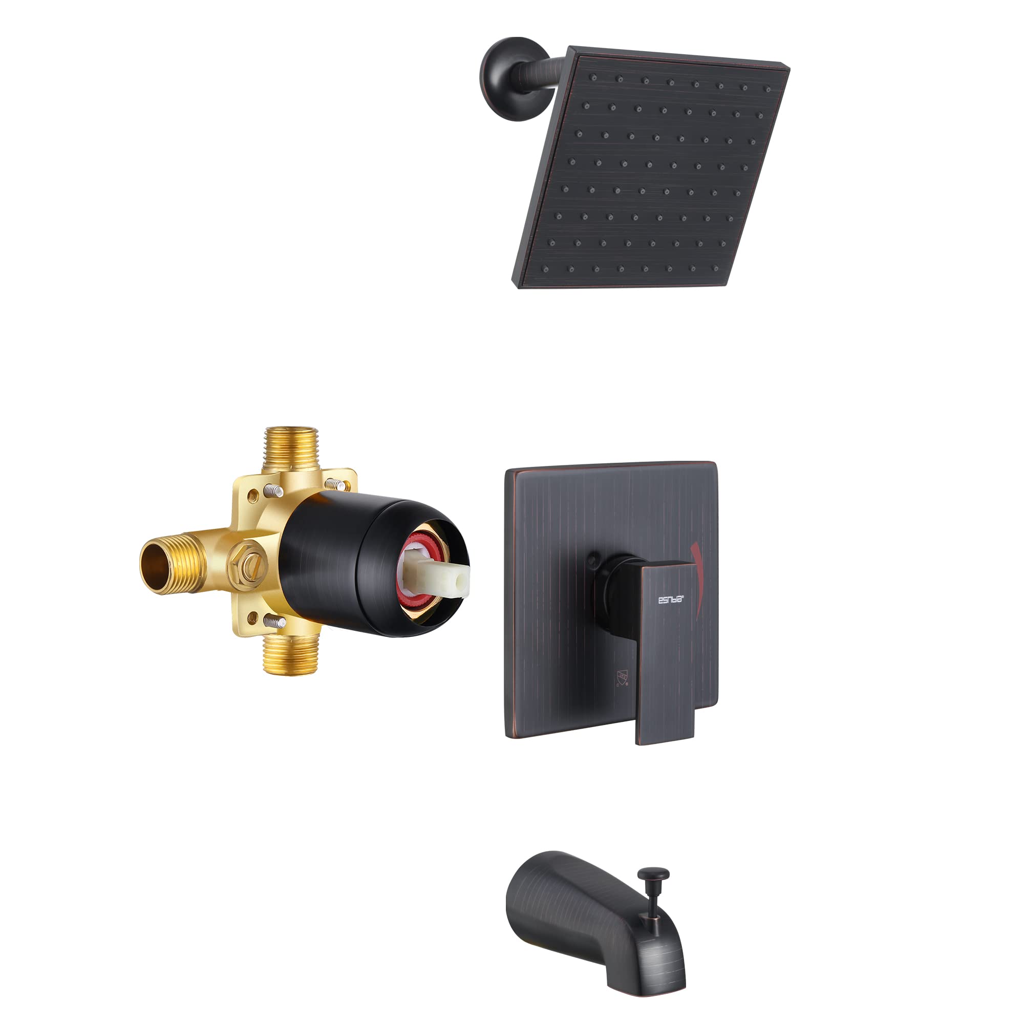 Esnbia Oil Rubbed Bronze Shower Tub Faucet Set with 6-Inch Rain Shower Head & Tub Spout - Complete Single-Handle Trim Kit (Valve Included) for Bathroom Renovation & Luxury Spa Experience