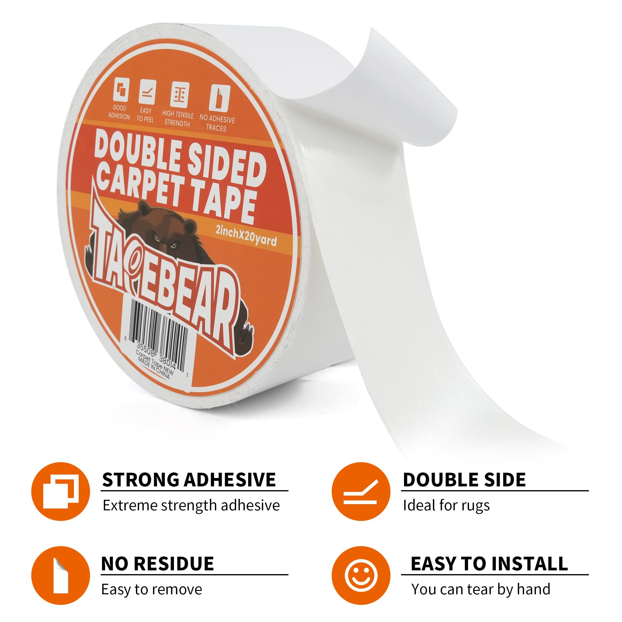 TAPEBEAR Heavy-Duty Double Sided Carpet Tape - 2-Inch x 20 Yards (50mm x 18m) Non-Slip Adhesive for Rugs, Wood & Floors | Residue-Free, Multipurpose Gripping Tape (2 Rolls) | Perfect for Securing Rugs on Hardwood, Tile & Preventing Slips