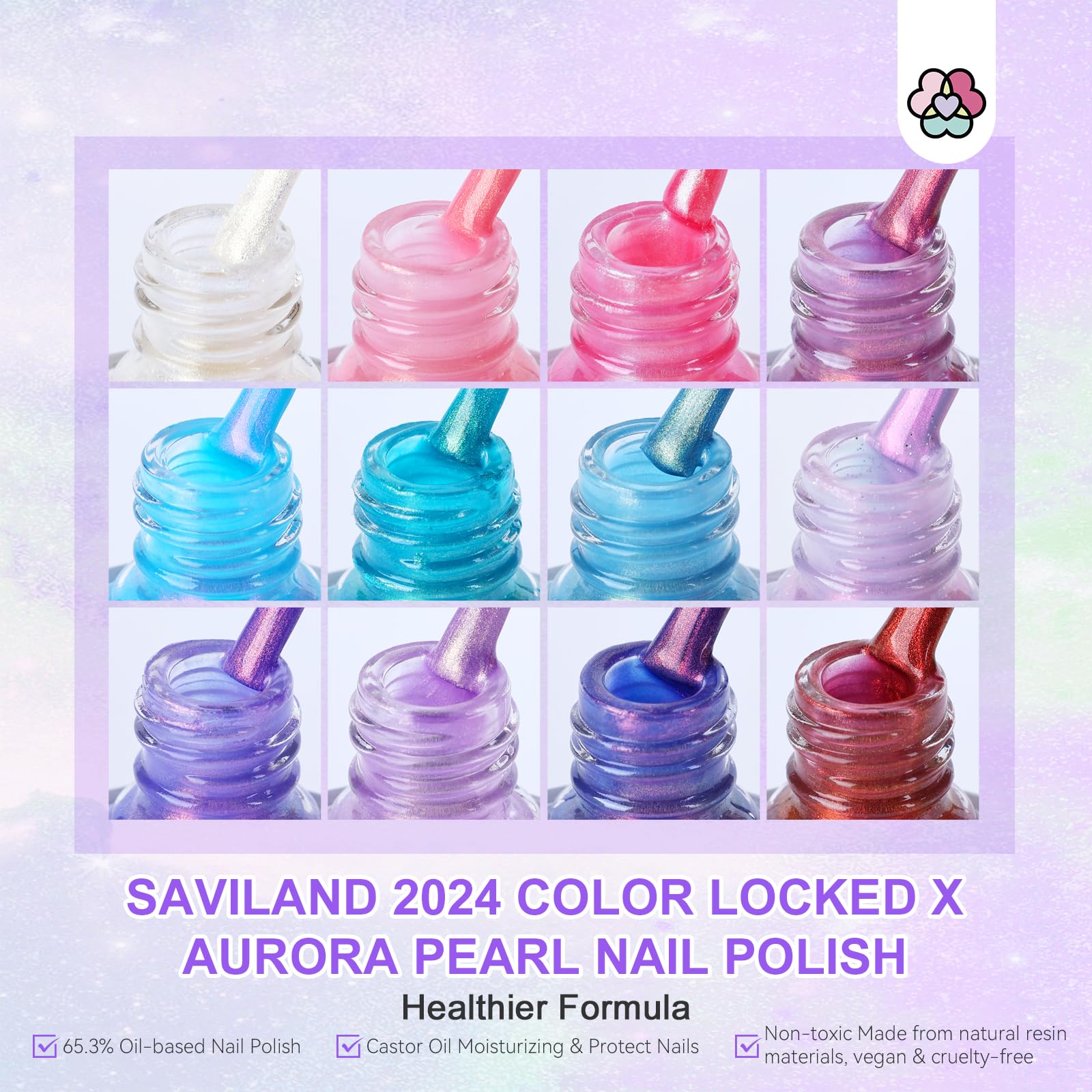 SAVILAND Aurora Nail Polish Set - 12 Colors Shimmer & Holographic Nail Polish (Glossy, Pearl, Duochrome), Quick-Dry Non-Gel Polish with Base & Top Coat, Salon & DIY Manicure Kit for Nail Art, Pedicures, Home & Professional Use