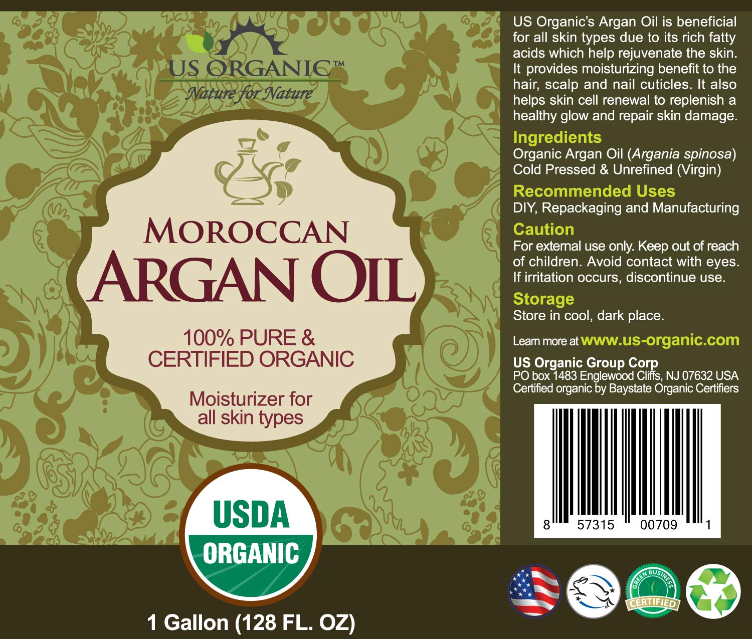 Organic Moroccan Argan Oil 1 Gallon (128 oz) - USDA Certified, 100% Pure & Natural, Cold Pressed, Unrefined - Premium Hair & Skin Care for DIY Beauty Products, Massage Oils & Small Manufacturers