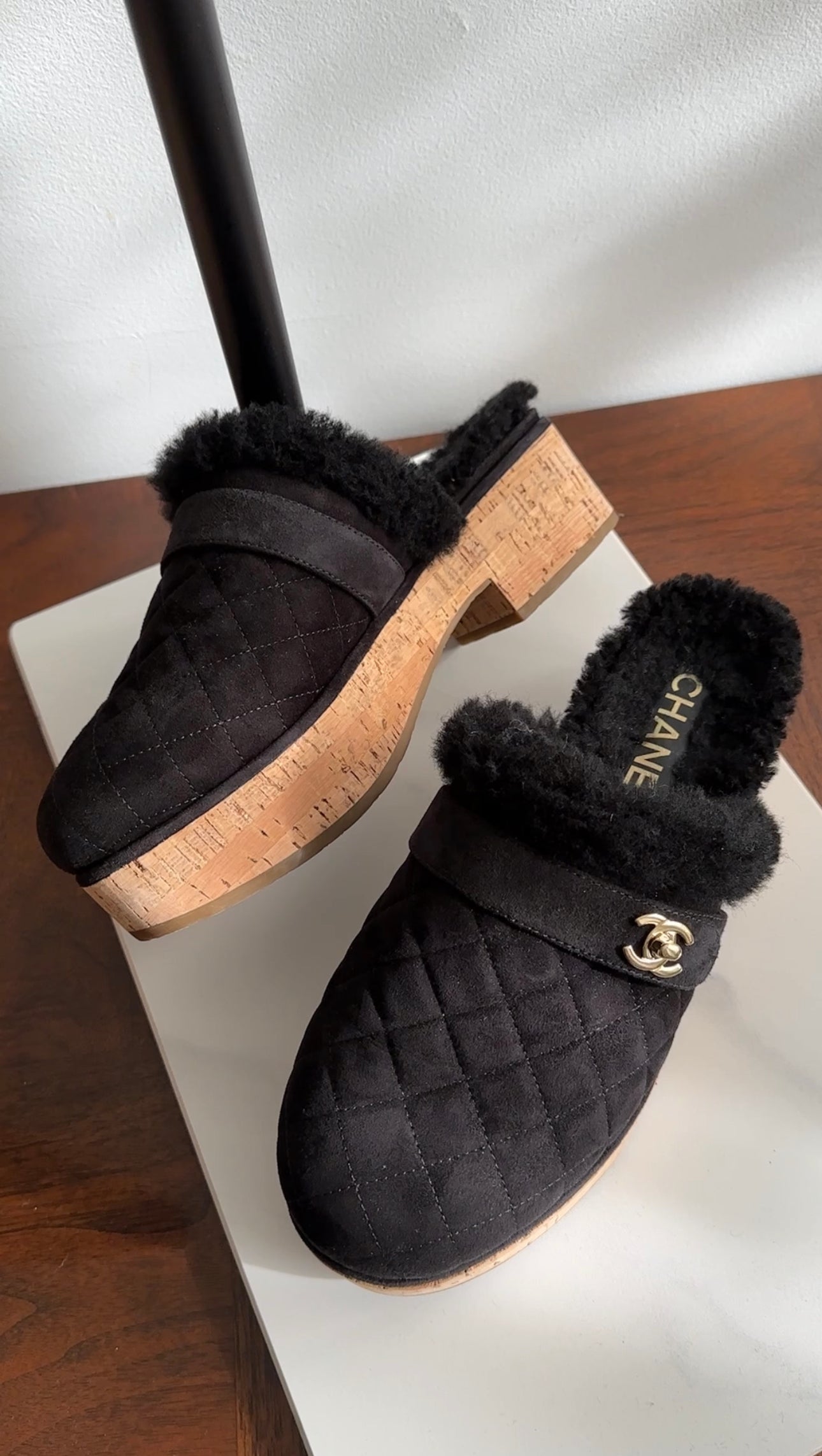 Chanel 21A Black Shearling CC Turn Clasp Quilted Cork Mules Size 37 - Luxury Designer Slides for Women | Perfect for Casual Outings, Date Nights & Fashionable Comfort