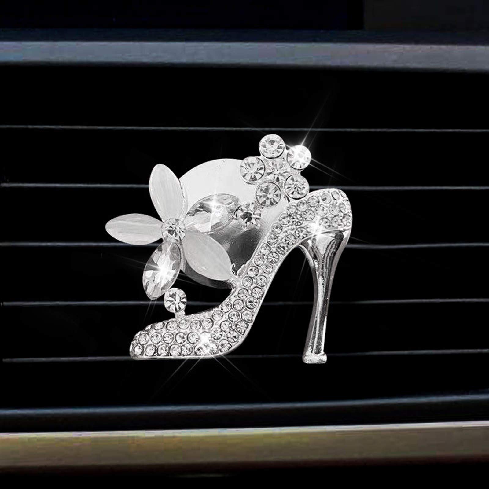 Sparkling Rhinestone High Heel Shoe Car Vent Clip - Crystal Bling Car Accessory with Flower Design for Women - Elegant Car Interior Decoration for Dashboard & Air Vent - Cute Feminine Car Decor Gift for Her