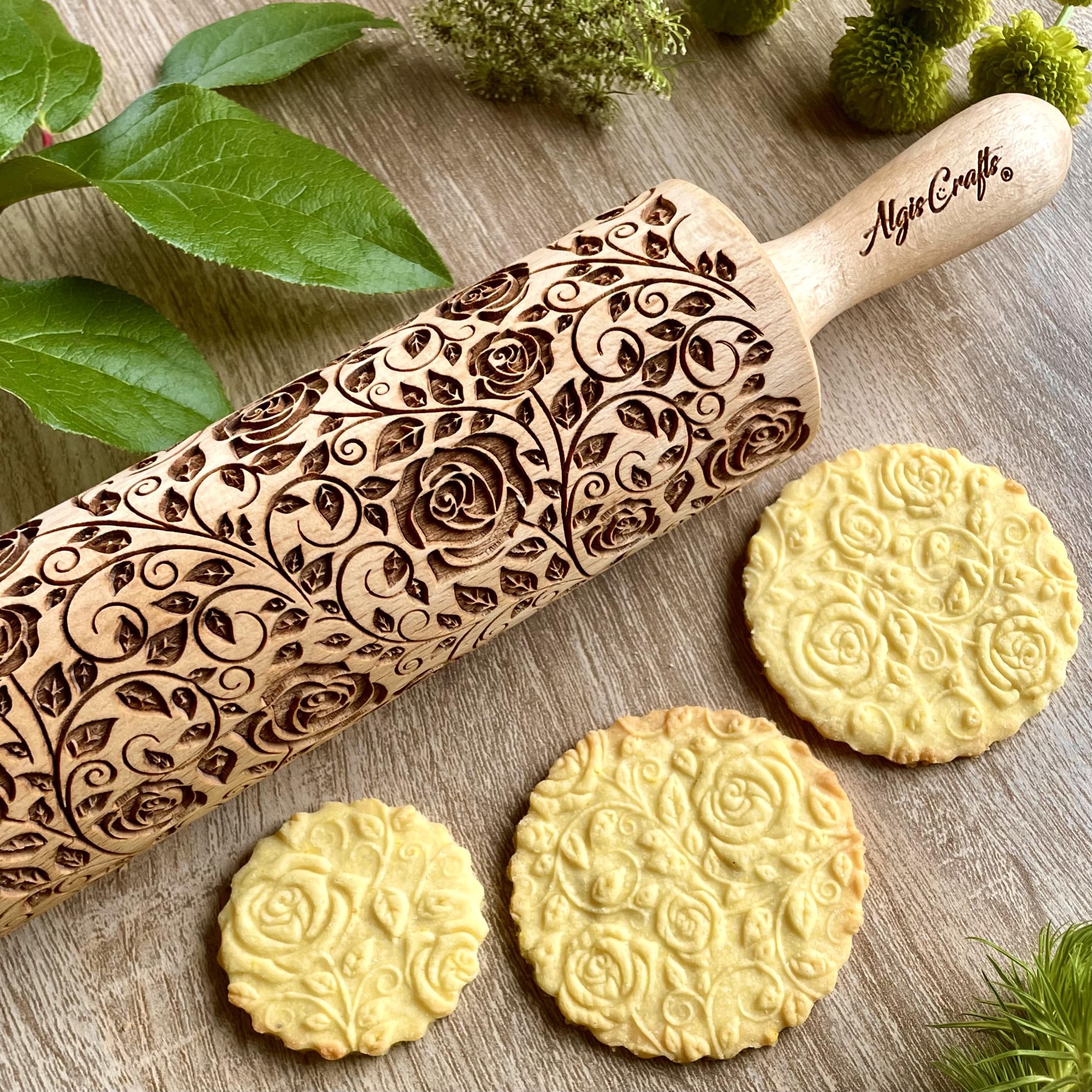 Algis Crafts Damascus Roses Embossed Wooden Rolling Pin for Cookies, Ceramic, and Dough - Perfect for Baking, Cake Decorating, and DIY Crafts