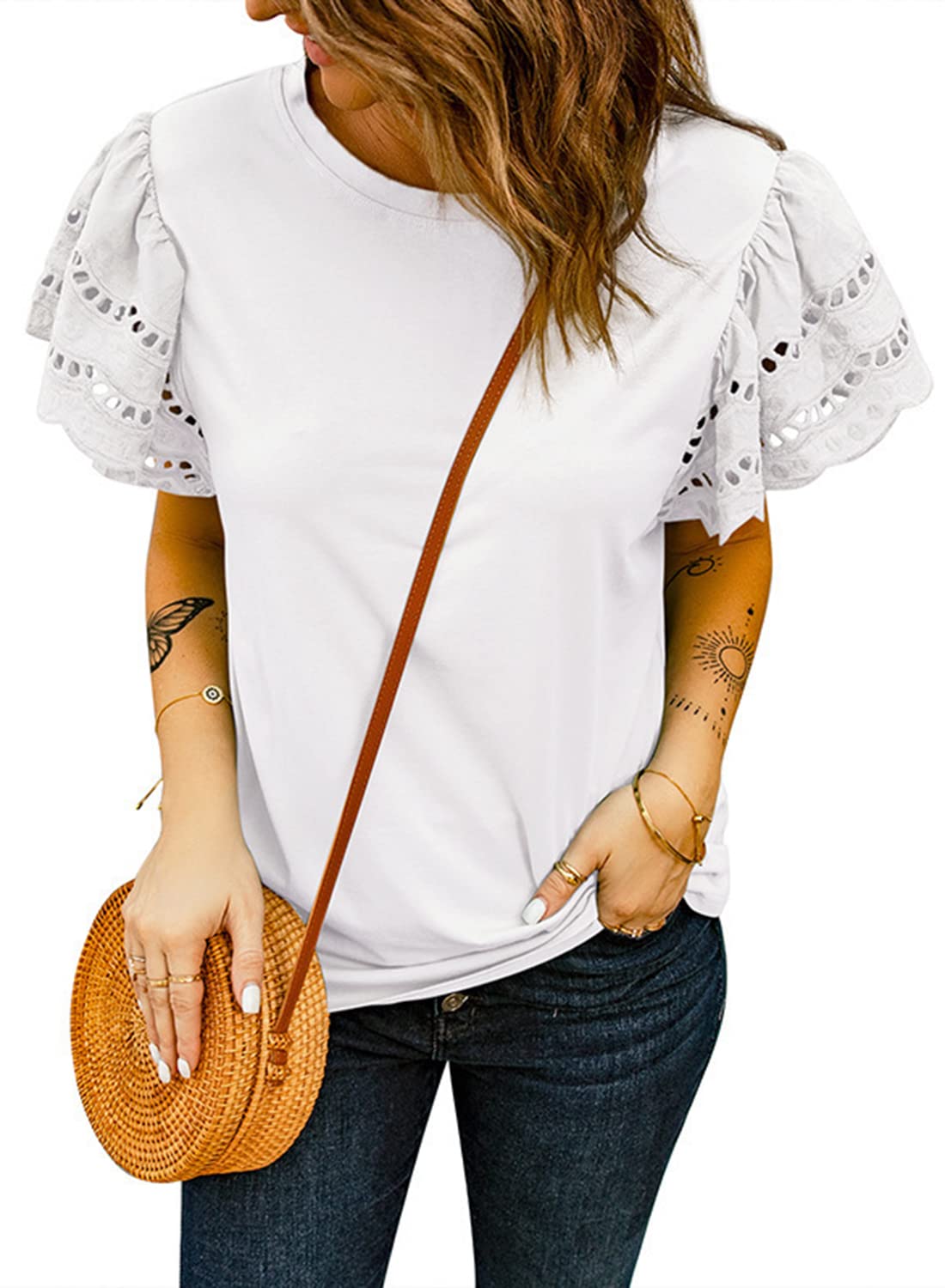 Danedvi Women's Lace Crewneck Short Sleeve T-Shirt - Fashion Casual Summer Top Loose Fit Blouse for Daily Wear, Dating & Office Outfits