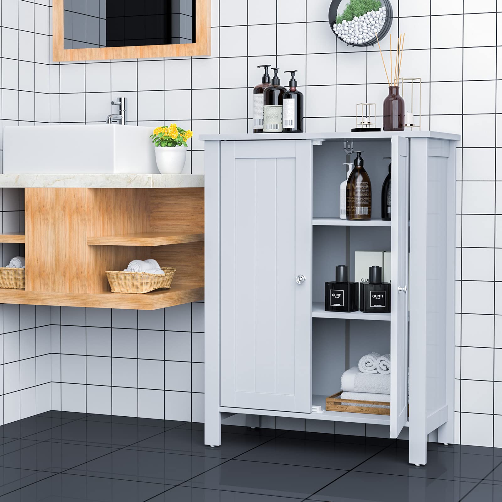 GOFLAME 3-Tier Adjustable Bathroom Storage Cabinet with Double Doors - Freestanding Wooden Organizer for Bathroom, Living Room & Kitchen - Grey | Space-Saving Home Storage Solution for Towels, Toiletries & Cleaning Supplies
