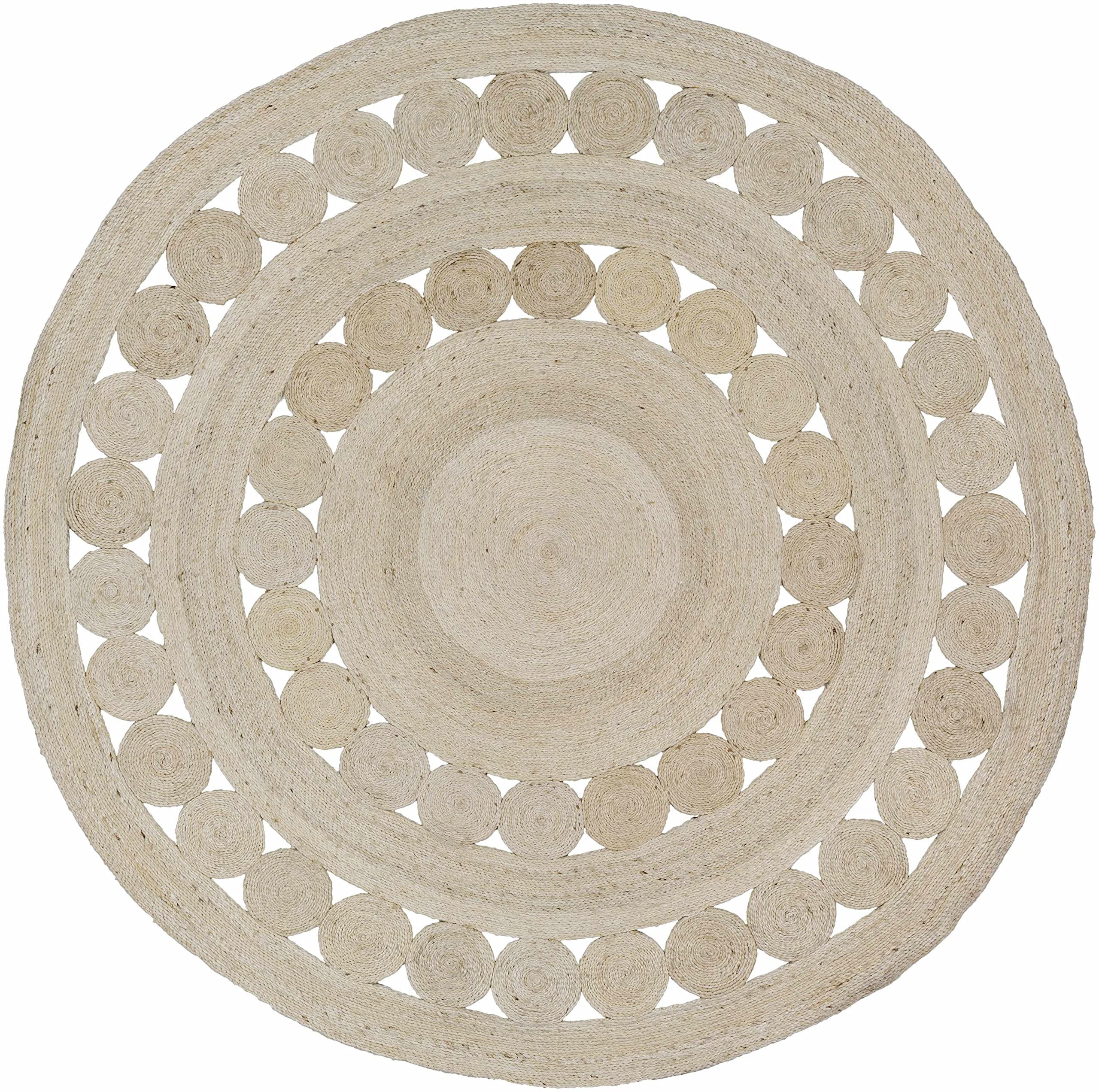 Hauteloom Changewater Jute Round Area Rug 5' - Natural Beige Handwoven Living Room & Bedroom Rug - Traditional Transitional Decor for Boho Chic Home
