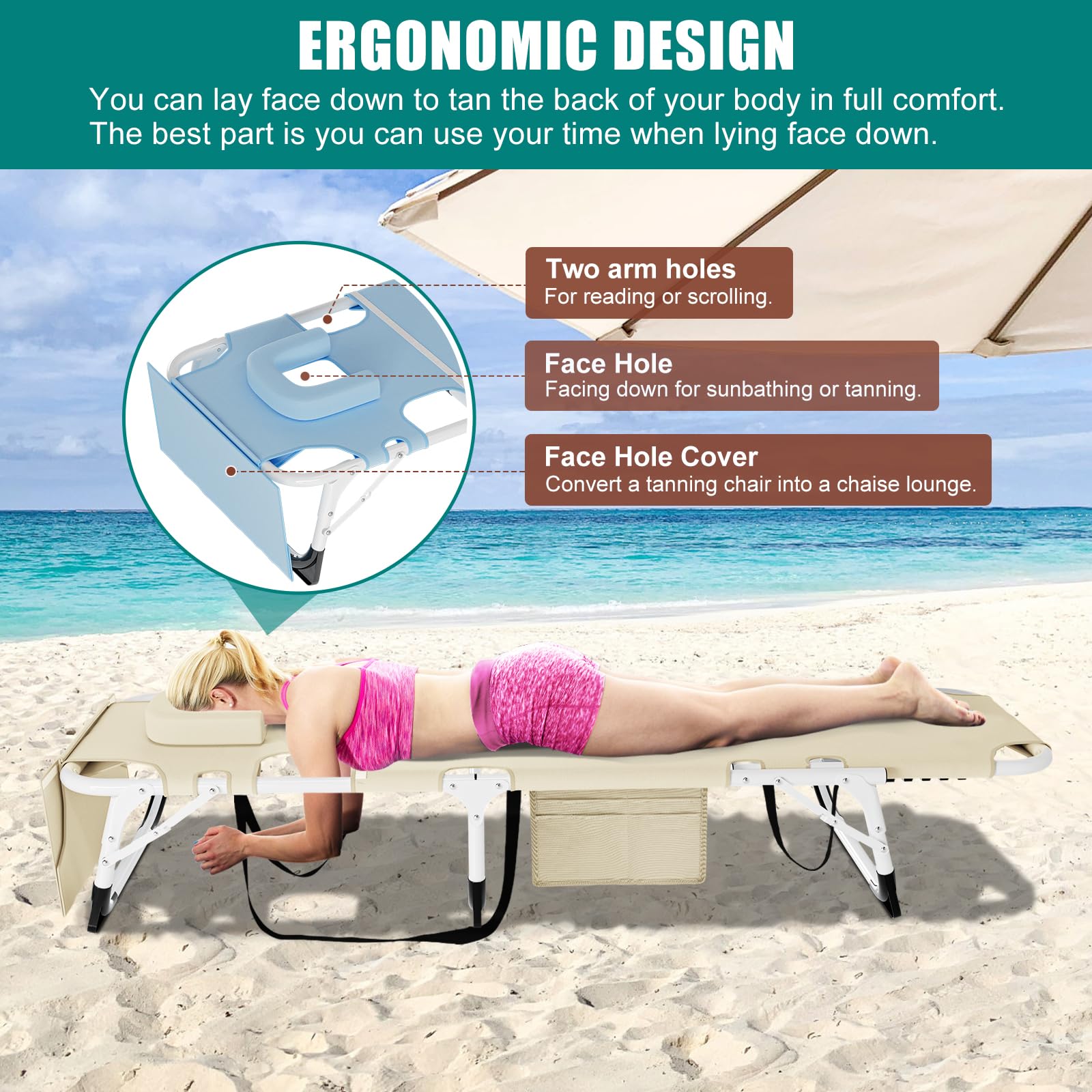 DoCred Heavy Duty Tanning Chair with Face Hole - Adjustable 5-Position Folding Chaise Lounge for Outdoor, Beach, Pool & Camping | Portable Sunbathing Chair for Backyard, Lawn & Travel | Perfect for Relaxing, Tanning & Lounging