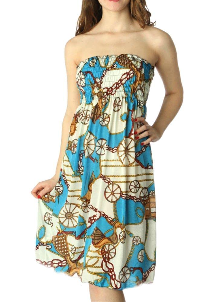 Plum Feathers Strapless Silky Multi-Print Smocked Bodice Sun Dress - Medium, Carriage Blue | Flowy Summer Dress for Beach, Wedding & Vacation | Women's Fashion