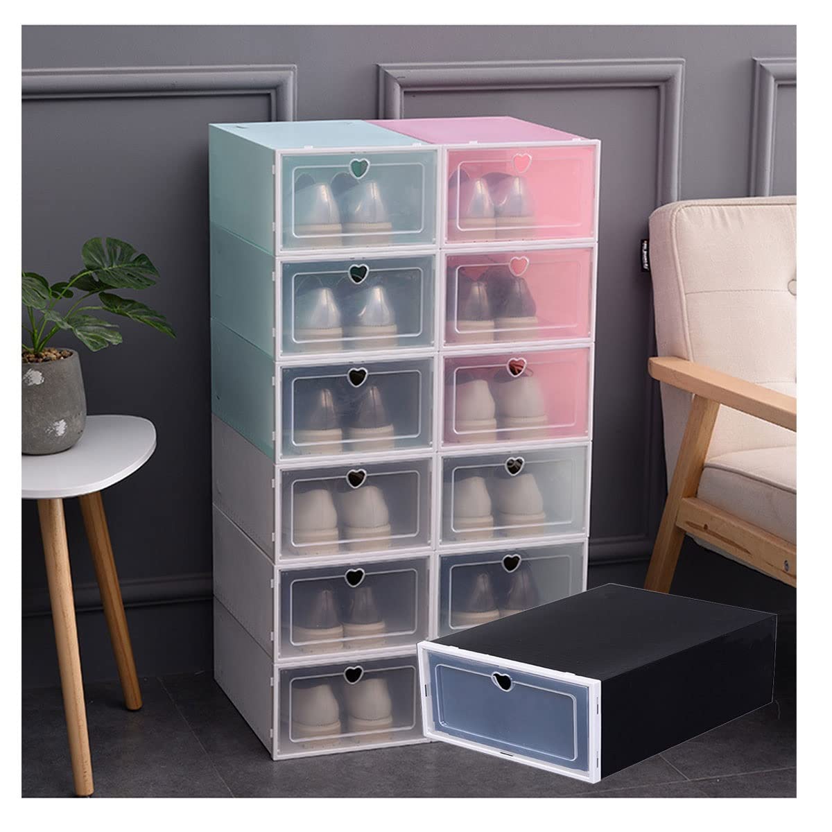 HUKSXZ Clear Stackable Shoe Storage Boxes - 9-Piece Set with Magnetic Door, Drop Front Design for Sneaker Display | 12.9