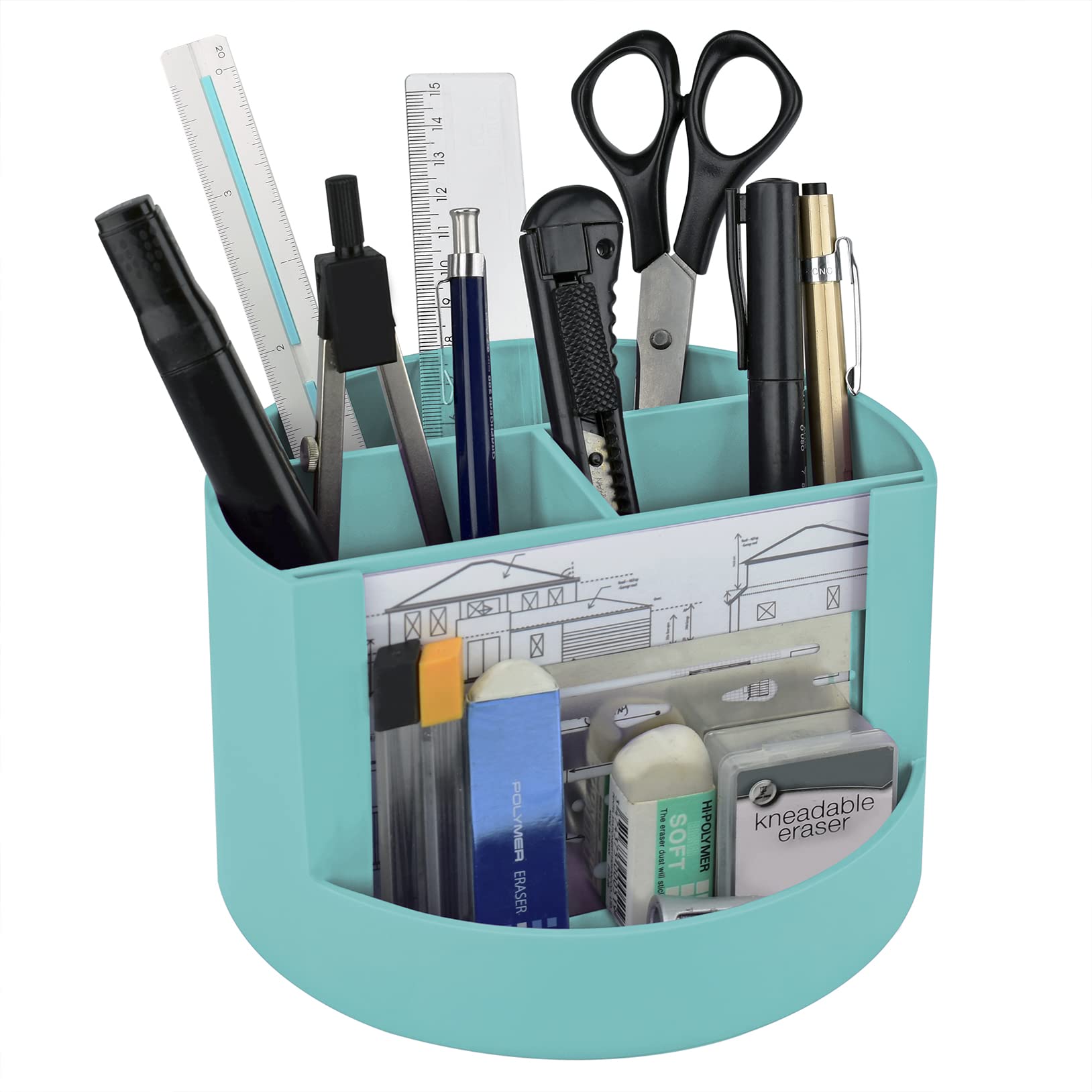 Acrimet Compact Desktop Organizer - 4 Spacious Slots Round Pencil & Accessories Holder with Photo Frame | Perfect for Office Desk, Art Supplies Storage, Vanity Organizer & Home Organization | Durable Solid Green Plastic | Great for Work, Study & Crafting Spaces
