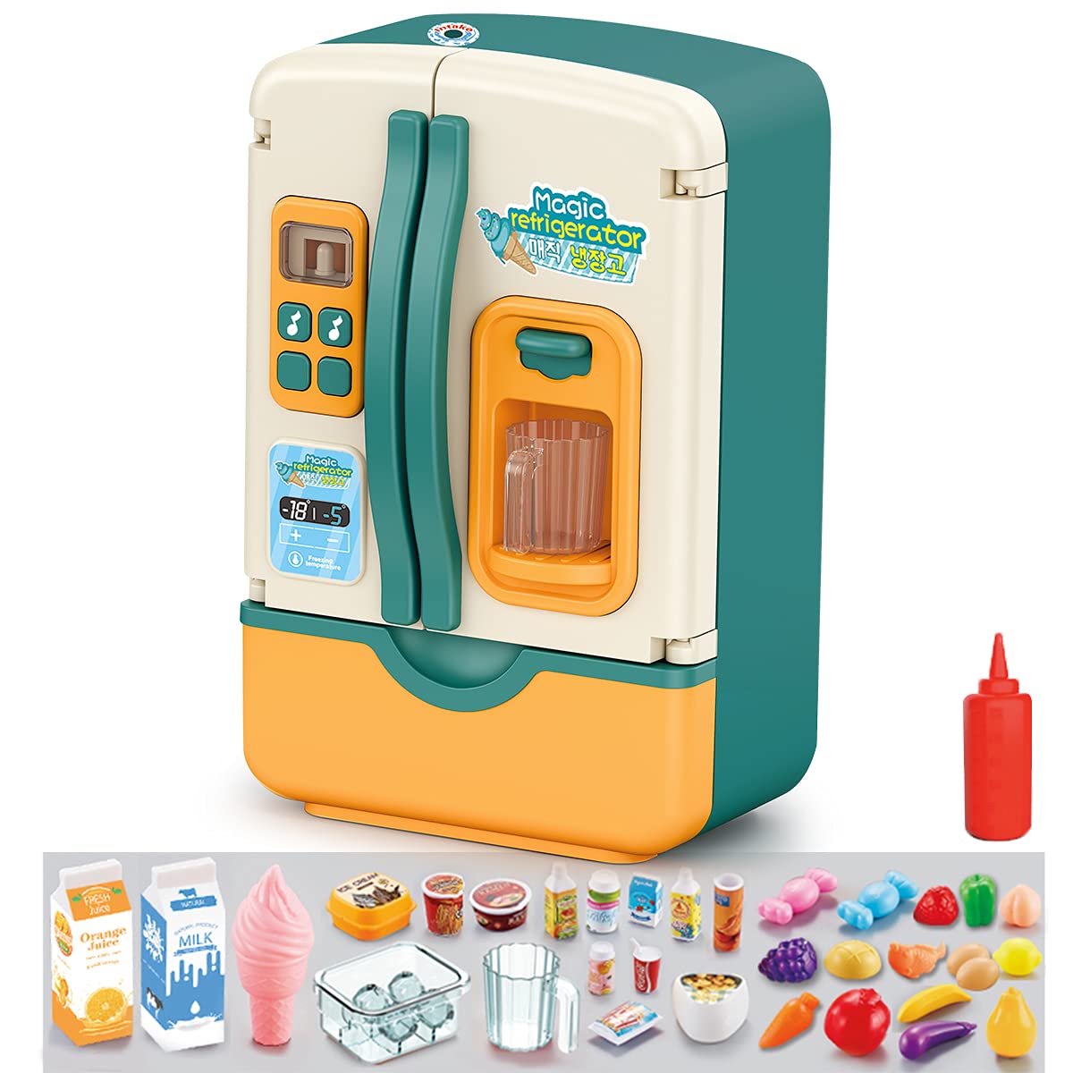 Kids Pretend Play Kitchen Set - Interactive Refrigerator Toy with Ice Dispenser, Music & Lights - Educational Play Kitchen Accessories for Boys & Girls - Perfect for Role Play & Early Learning Development