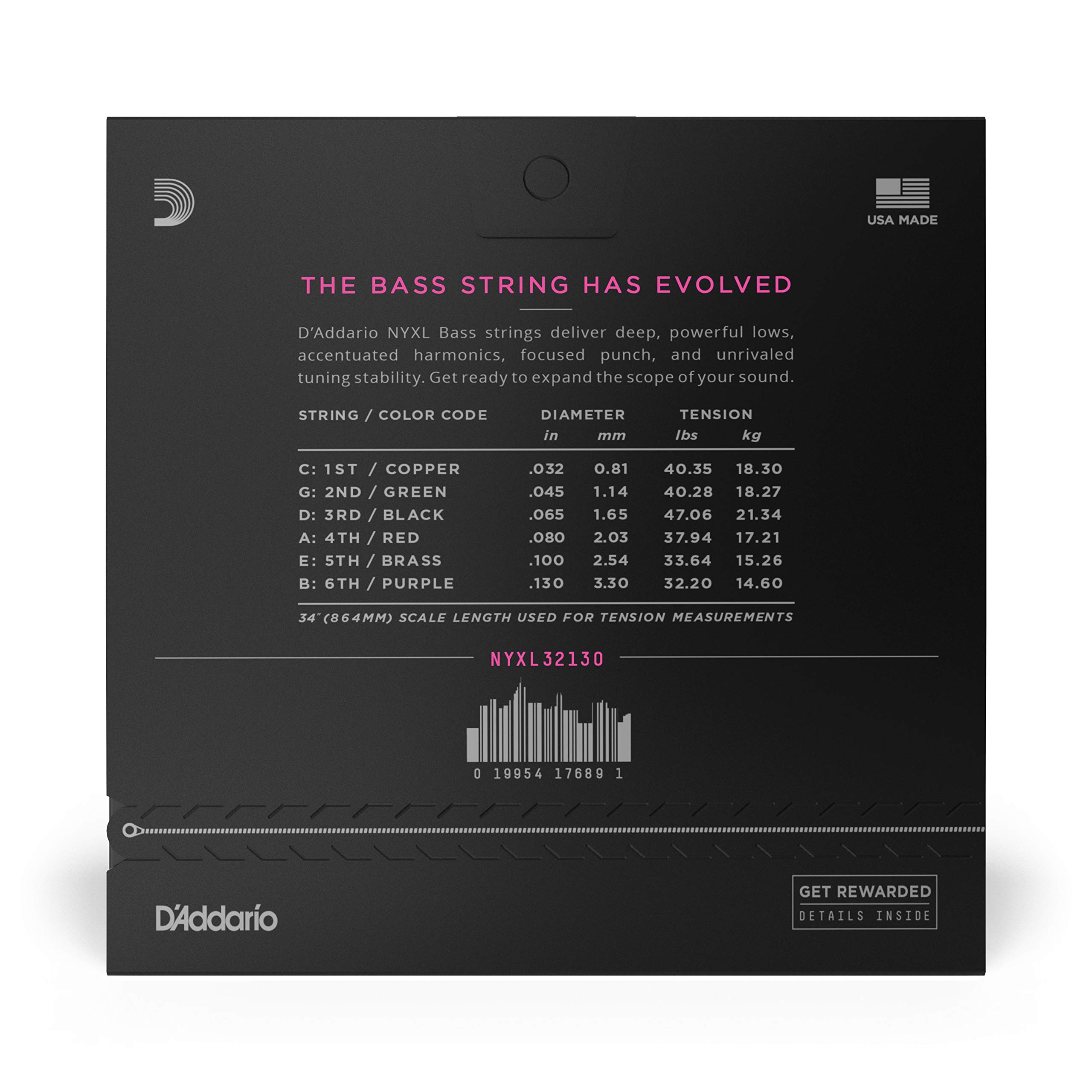 D'Addario NYXL32130 NYXL Bass Guitar Strings 6-String Set (32-130 Regular Light, Long Scale) - Unrivaled Strength, Tuning Stability & Enhanced Tone - Perfect for Professional Bassists & Studio Recording