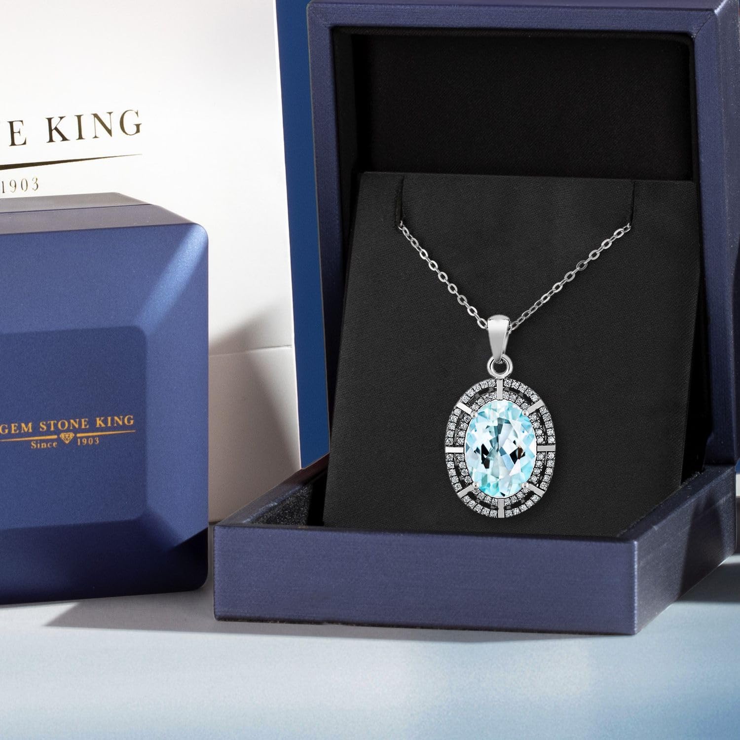 Gem Stone King 5-10 Cttw Two Row Halo Necklace with 14X10MM Oval Gemstone Birthstone in 925 Sterling Silver | Double Row Halo Pendant Necklace for Women | 18 Inch Silver Chain | Perfect Gift for Birthday, Anniversary & Special Occasions