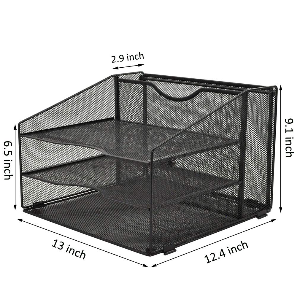 EASEPRES Mesh File Organizer for Office Desk - 3-Tier Paper Letter Tray with Vertical Upright Compartment - Black Desktop File Folder Holder for Documents, Bills, and Office Supplies - Perfect for Home Office, School, and Workspace Organization