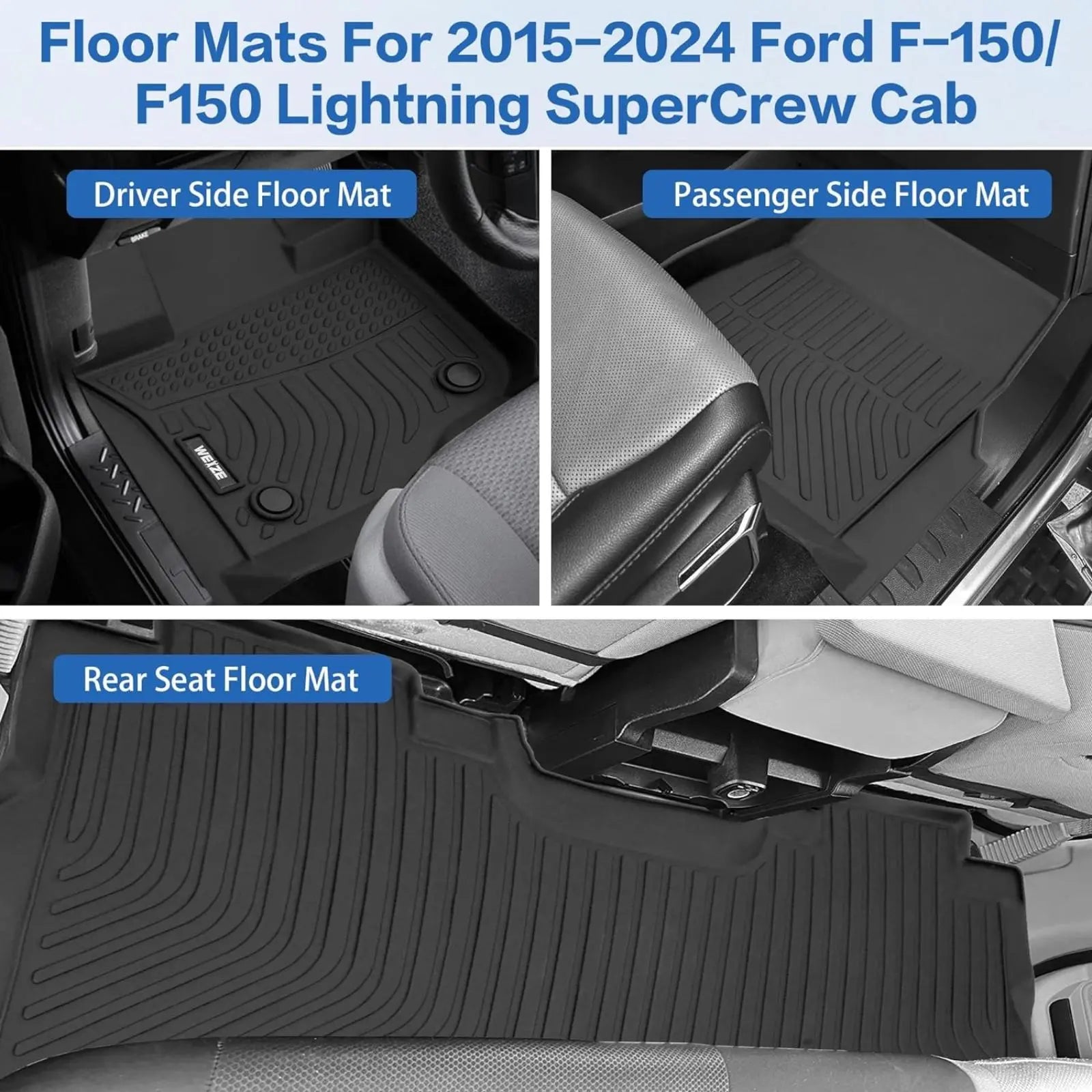 WEIZE All-Weather TPE Floor Mats for Ford F-150 & F-150 Lightning SuperCrew Cab 2015-2024 - 1st & 2nd Row Seat Liners, Black | Heavy Duty Protection for Mud, Snow & Spills | Perfect for Off-Roading, Work Trucks & Family Adventures
