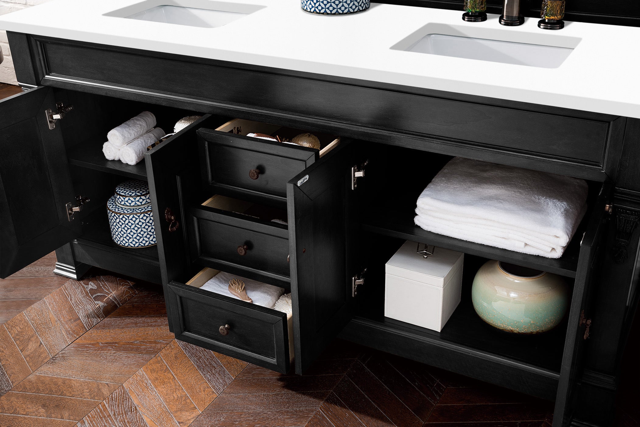 Brookfield 72 Inch Double Bathroom Vanity with Antique Black Finish & 3CM Classic White Quartz Countertop - Perfect for Master Bathroom & Modern Home Decor