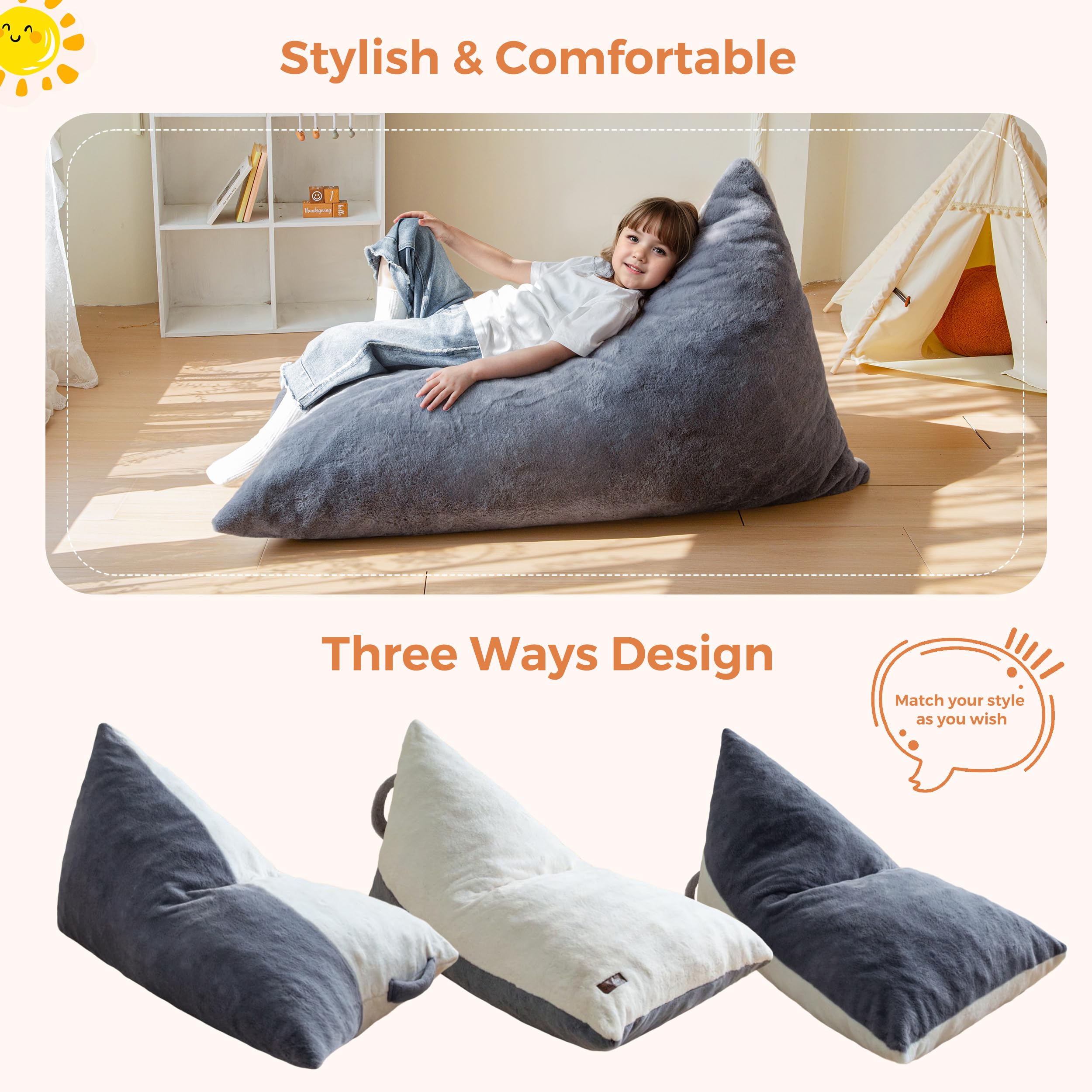 MAXYOYO Kids Bean Bag Chair with 2-Tone Handle - High-Density Foam Floor Lounger in Grey & White - Perfect for Playrooms, Bedrooms & Reading Nooks