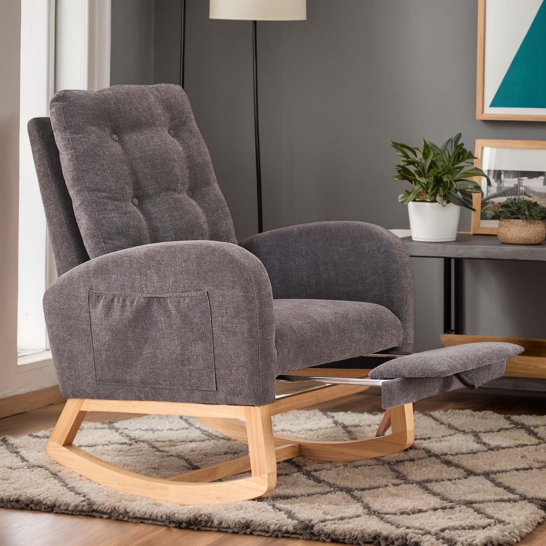 Comfortable Accent Rocking Chair with Footrest & Side Pocket - Upholstered High Back Nursery Rocker with Rubber Wood Legs - Perfect for Living Room, Baby Nursery & Bedroom - Relaxing Armchair for Breastfeeding, Reading & Lounging (Gray)