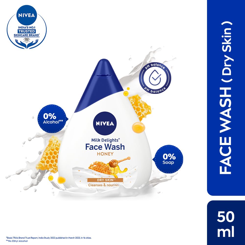 NIVEA Milk Delights Moisturizing Honey Face Wash for Dry Skin - 50ml | Gentle Cleanser with Hydrating Formula | Perfect for Daily Skincare Routine & Travel