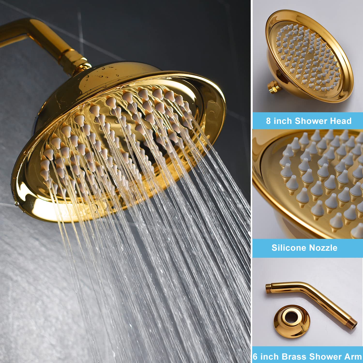 8 Inch Gold Shower System - Full Body Wall Mounted Shower Faucet with Multi-Function Rain Shower & Body Jets - Antique Polished Gold Bathroom Fixtures for Luxury Spa Experience