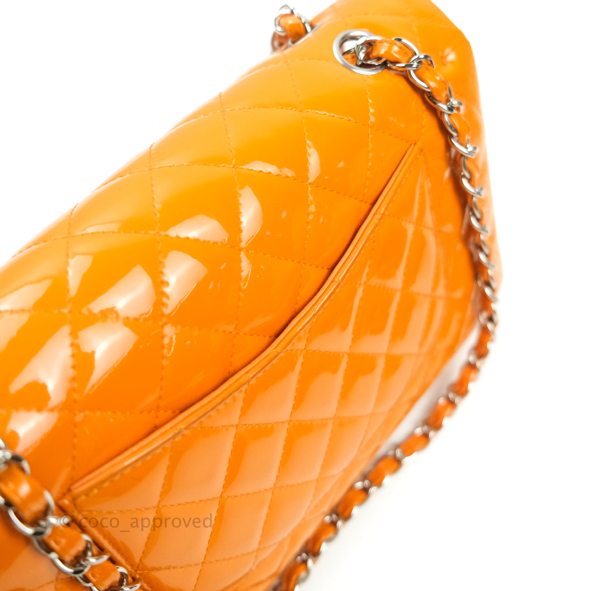 Chanel Classic M/L Medium Double Flap Bag in Orange Patent Leather with Silver Hardware - Perfect for Evening Events & Luxury Fashion Accessories
