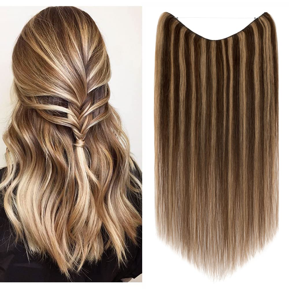 Rich Choices 20 Inch Halo Hair Extensions - 100% Real Human Remy Hair, Invisible Wire, Medium Brown with Dark Blonde Highlights for Women | Perfect for Weddings, Parties & Daily Styling