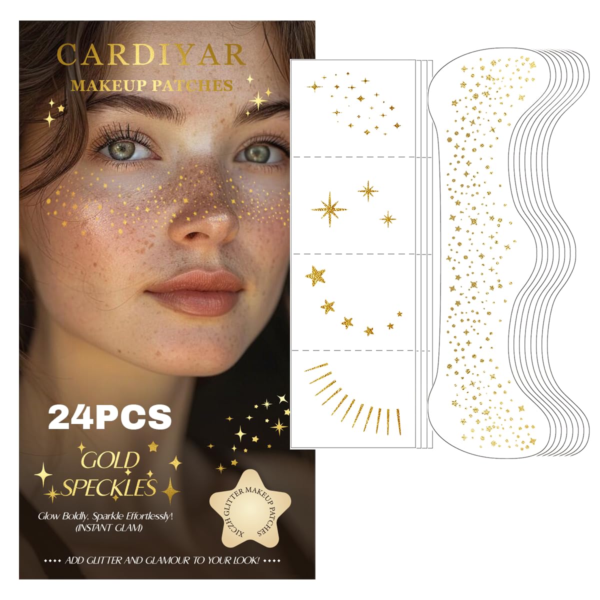 24PCS Waterproof Gold Glitter Freckles Face Tattoos - Temporary Sparkle Patches for Women, Glow Up Makeup, Festival & Party Accessories (Gold)