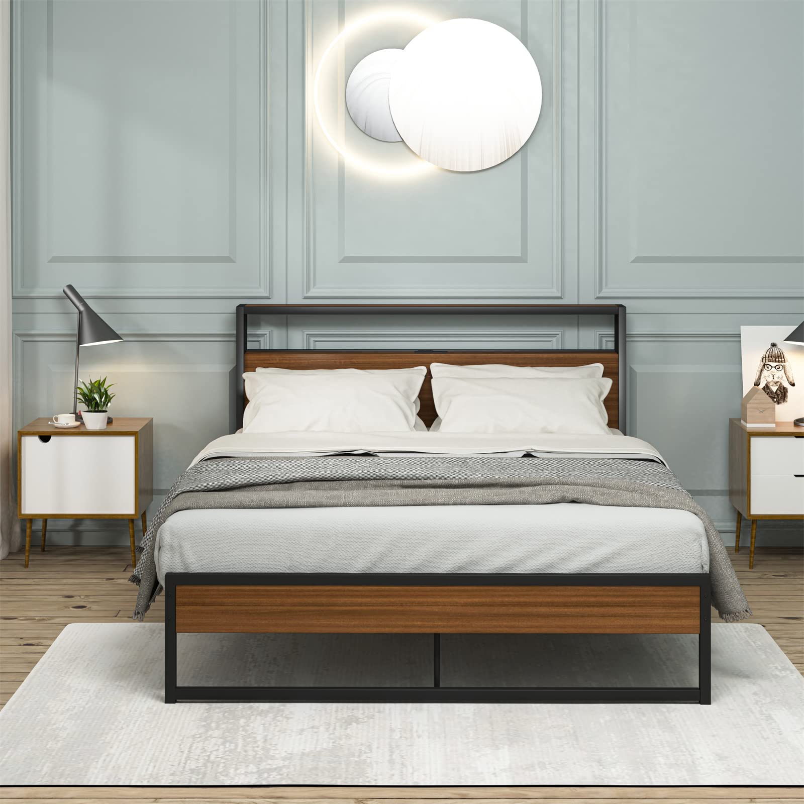 Full Metal Bed Frame with Wooden Headboard - Sturdy Platform Bed with USB Ports & Power Outlets, Underbed Storage Space, No Box Spring Needed - 14 Heavy Duty Steel Slats (Black/Brown) - Perfect for Modern Bedrooms, Guest Rooms & Small Spaces