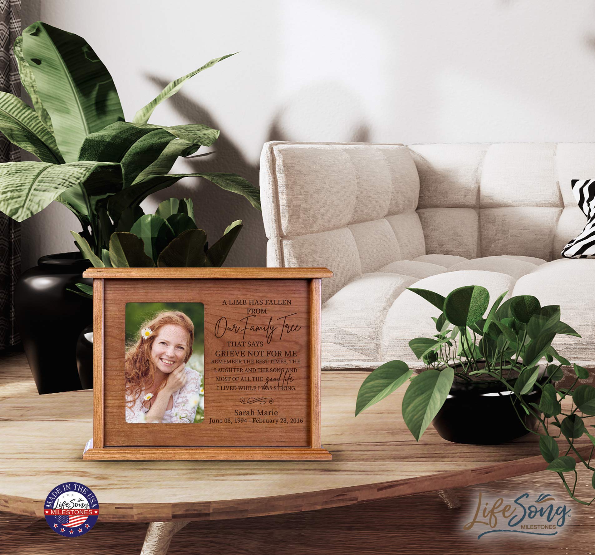 Personalized Engraved Wooden Cremation Urn with Picture Frame - Holds 200 cu.in Human Ashes & 4x6 Photo - LifeSong Milestones Memorial Keepsake for Loved Ones (Cherry) - Perfect for Funeral Services, Memorial Displays & Honoring Departed Family Members