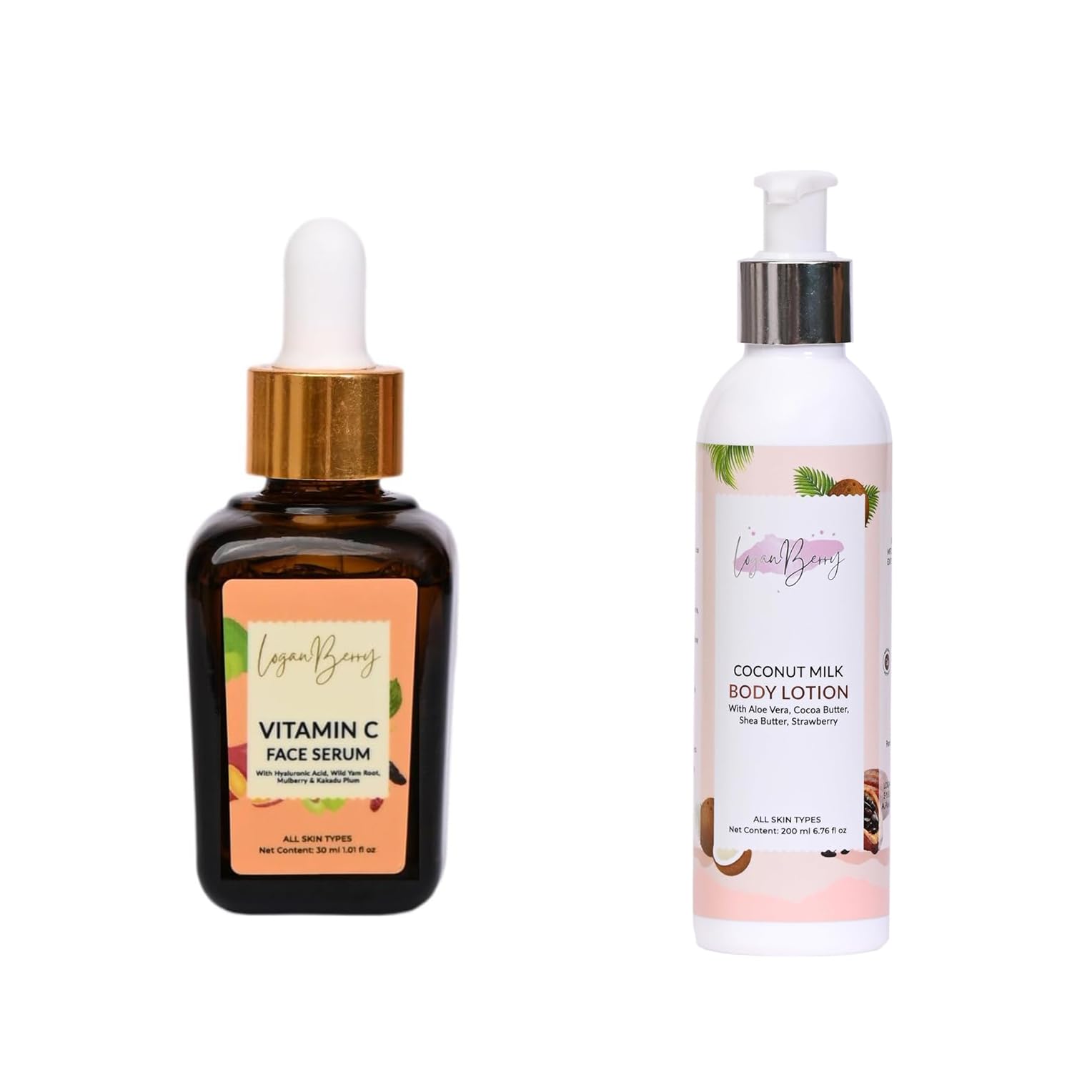 LOGANBERRY Coconut Milk Body Lotion 200ml & Vitamin C Face Serum 30ml - Hydrating Skincare Combo for Dry, Normal & Oily Skin - Men & Women - Perfect for Daily Moisturizing & Anti-Aging Routine