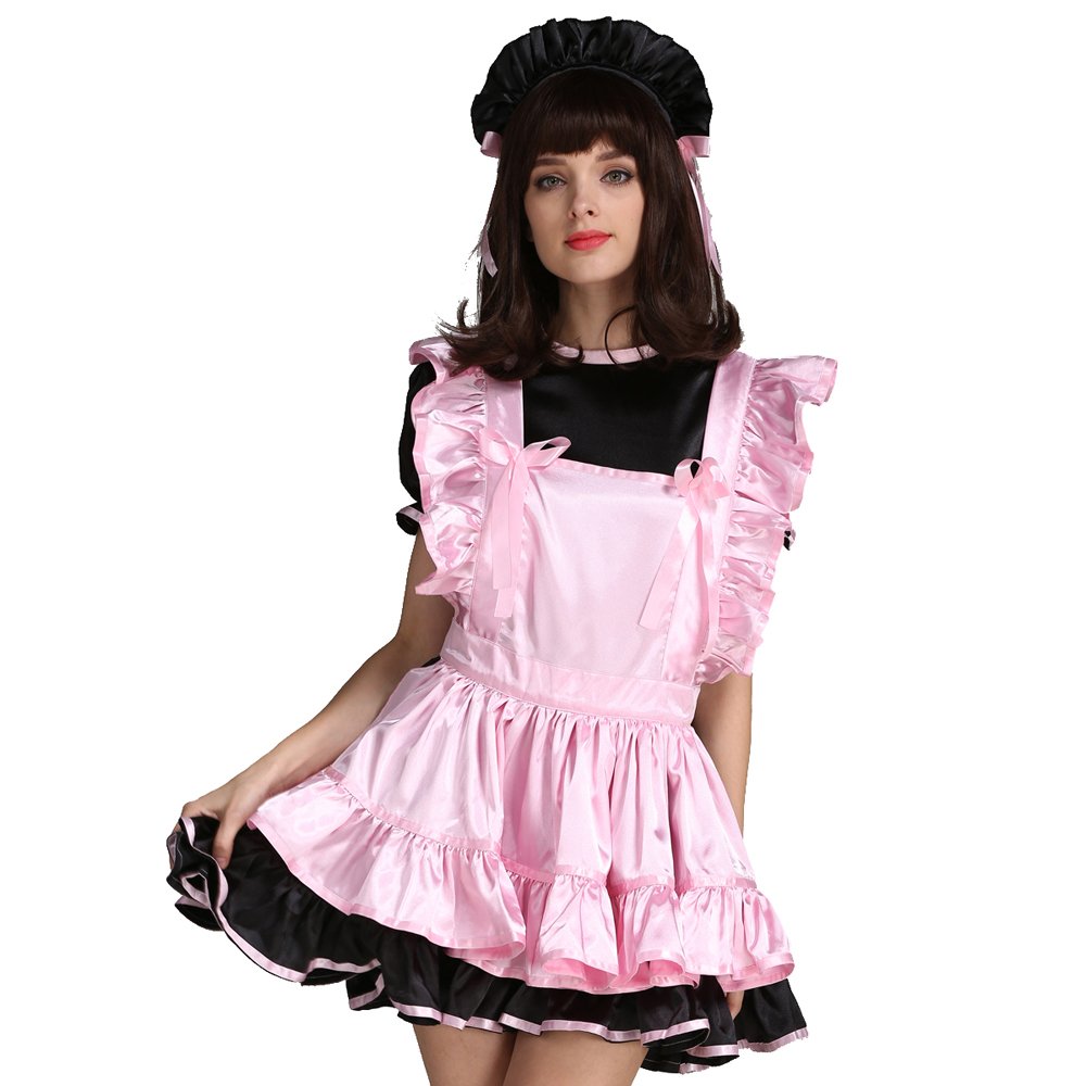 Sexy Women's Maid Costume - Pink & Black Satin Dress Uniform for Cosplay, Halloween, and Role Play - Perfect for Parties, Crossdressing, and Themed Events