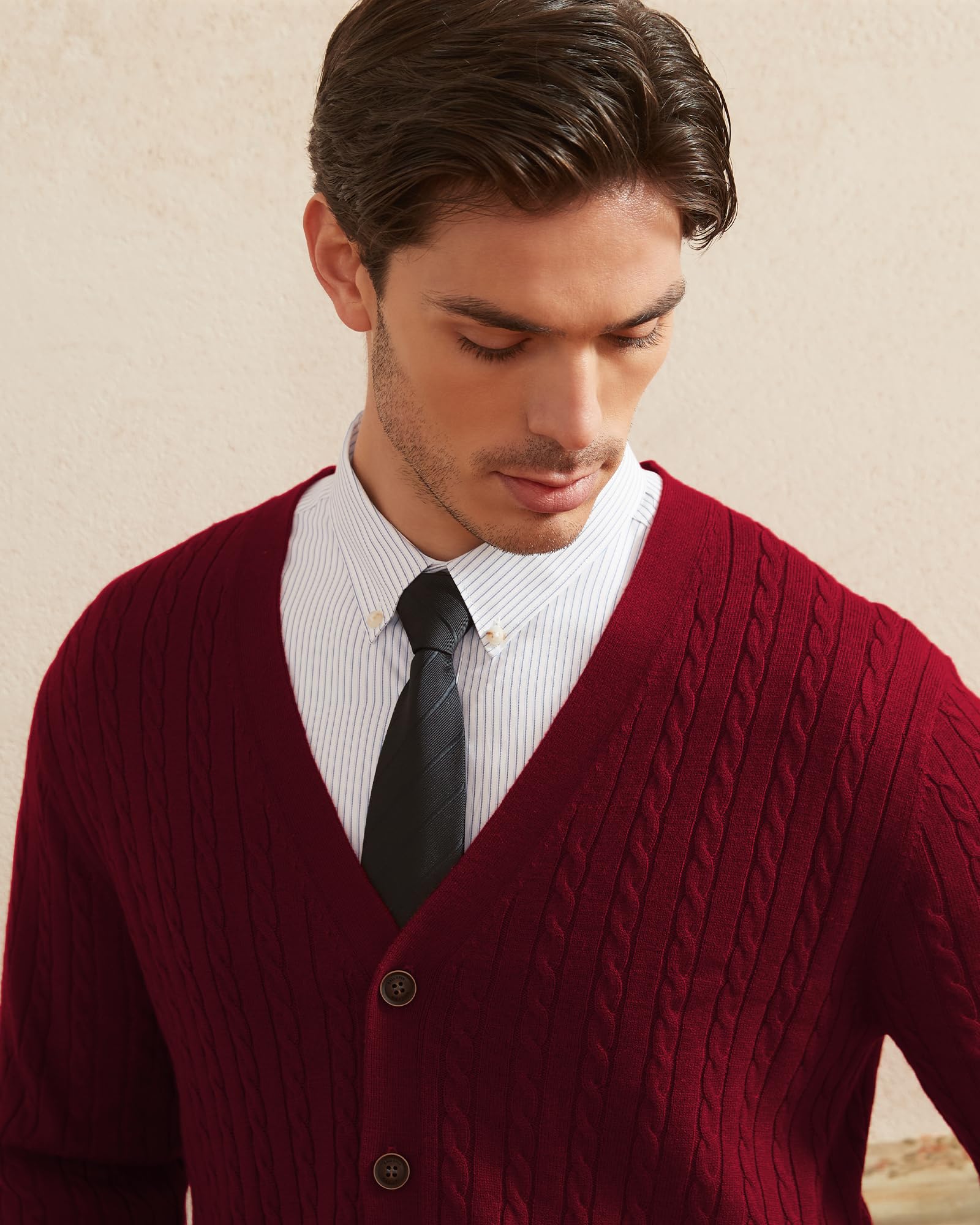Kallspin Men's Wool Blend Cable Knit V-Neck Cardigan Sweater with Buttons & Pockets | Warm Winter Layering for Office, Casual Outfits & Date Nights