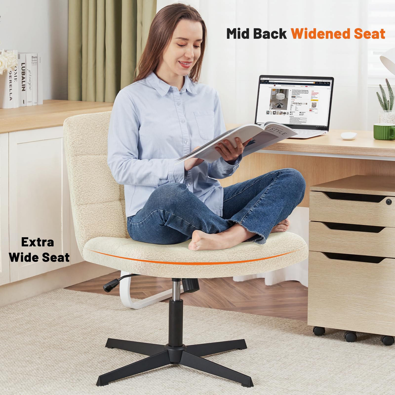 Furniliving Home Office Desk Chair - No Wheels, Criss Cross Leg Design, Wide Armless Chair with Adjustable Height & Mid Back Support - Swivel Vanity Chair in Sherpa Ivory White - Perfect for Small Spaces, Reading Nooks & Makeup Stations