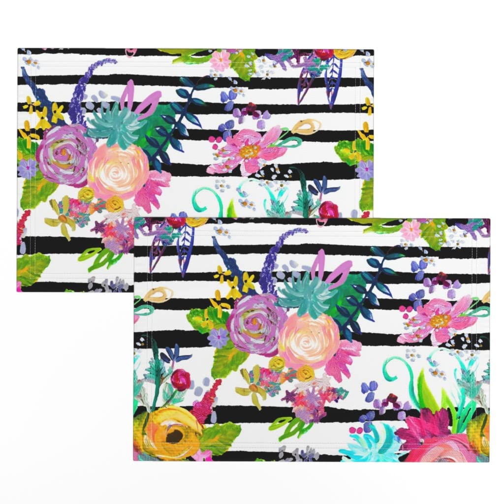 Premium Linen Cotton Canvas Placemats Set of 2 - Floral Stripes Watercolor Botanical Boho Nursery Rainbow Print Table Mats for Dining, Kitchen Decor & Party Table Setting