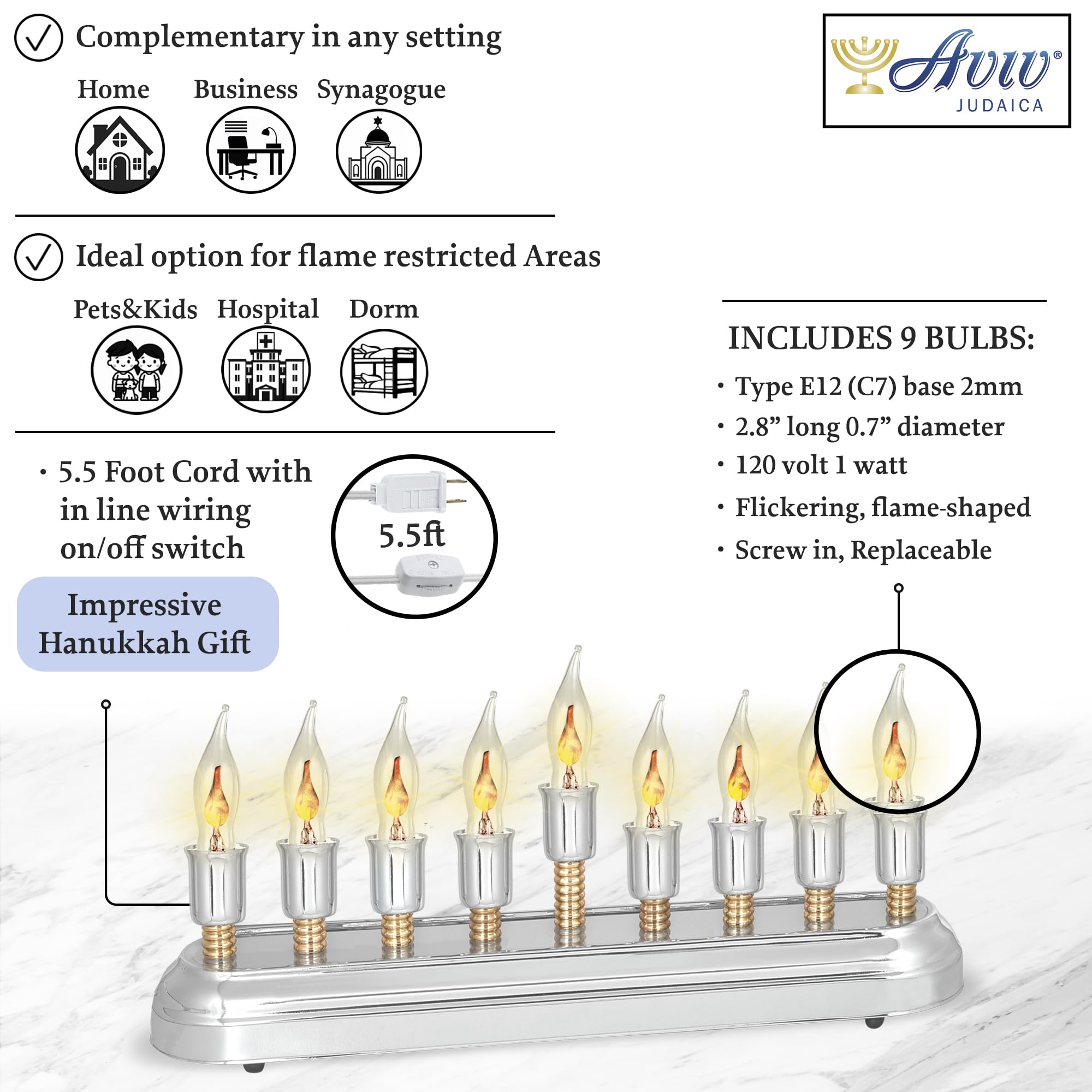 Modern Electric Hanukkah Menorah - Stainless Steel Hanukkiah with Flickering LED Bulbs, Horizontal Electronic Menorah for Chanukah - Flameless Candles & Hanukkah Lights Decor for Home, Synagogue & Office Celebrations