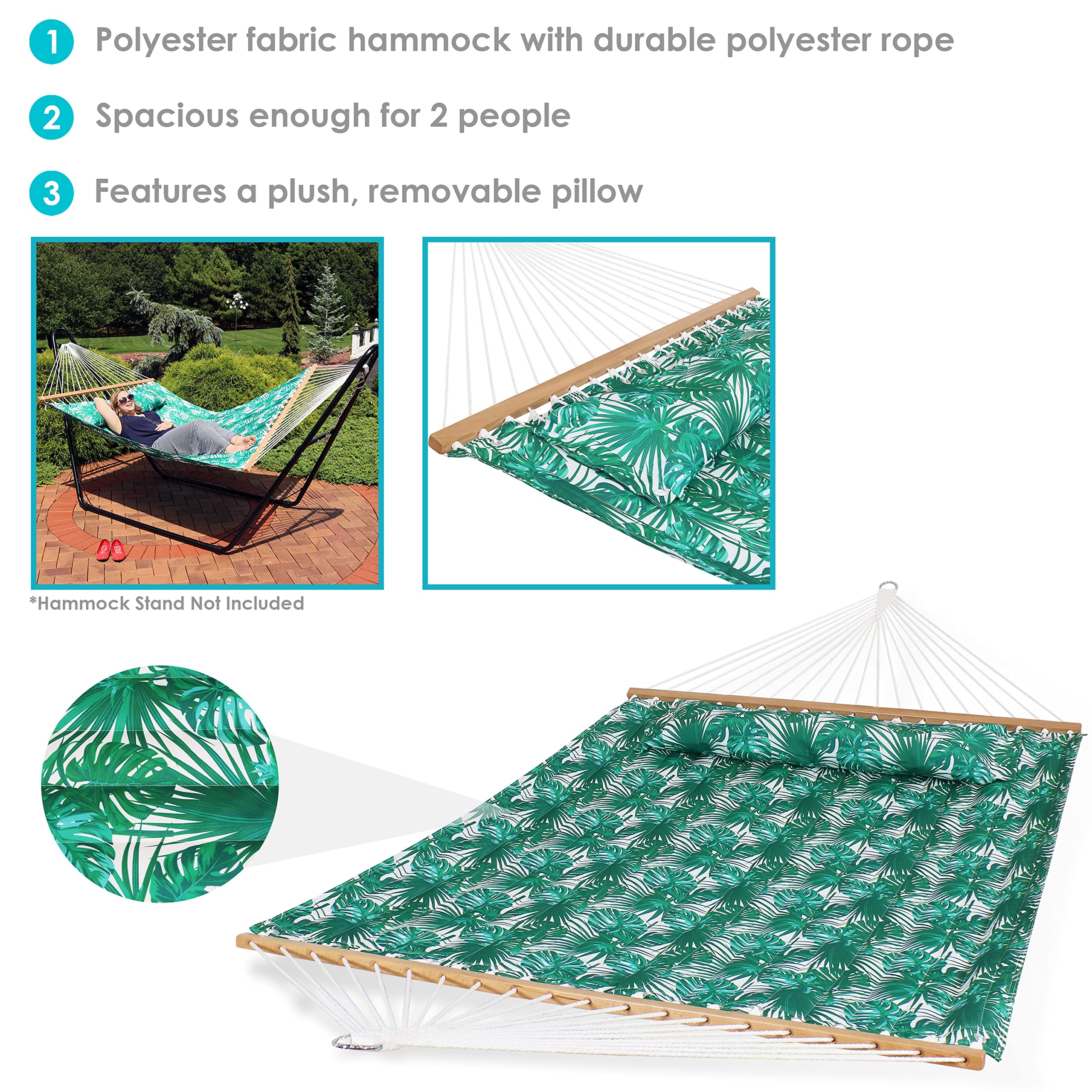 Sunnydaze Quilted Outdoor Hammock with Spreader Bars - Heavy Duty 450 lb Capacity Double Hammock for Patio, Backyard, Camping - Green Palm Leaf Design for Relaxation & Lounging
