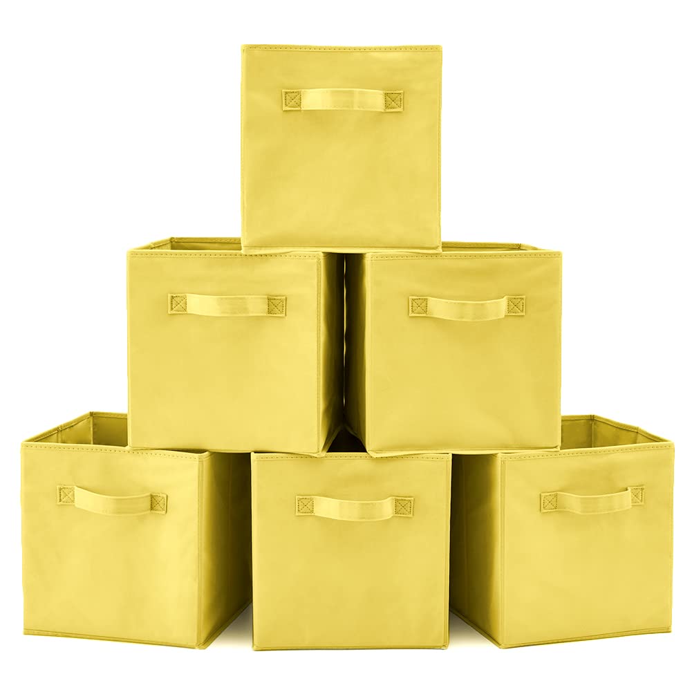 EZOWARE 6-Pack Collapsible Fabric Storage Bins with Handles - Foldable Organizer Cubes for Home, Nursery, Closet (26.7x26.7x27.8cm, Yellow) - Perfect for Toy Storage, Baby Clothes Organization & Seasonal Decor