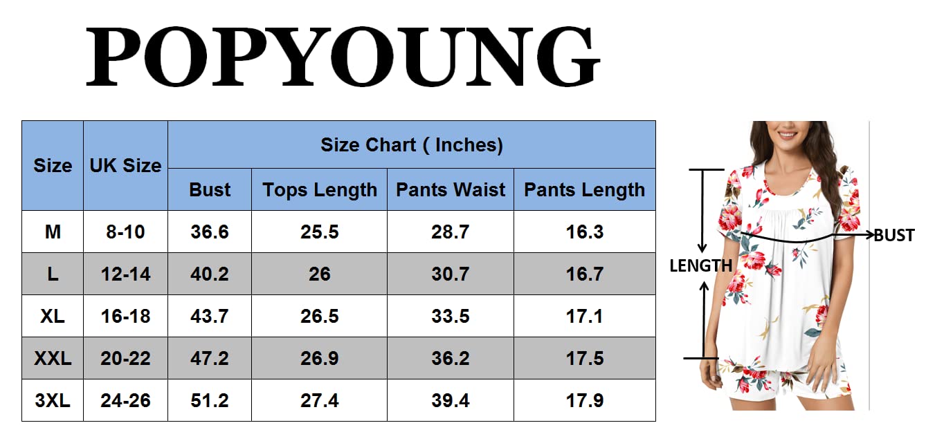 POPYOUNG Women's Summer Pajama Set - 2 Piece Short Sleeve Top & Comfy Shorts with Pockets, Soft Lounge Sleepwear for Women | Perfect for Bedtime, Relaxing at Home & Vacation Wear