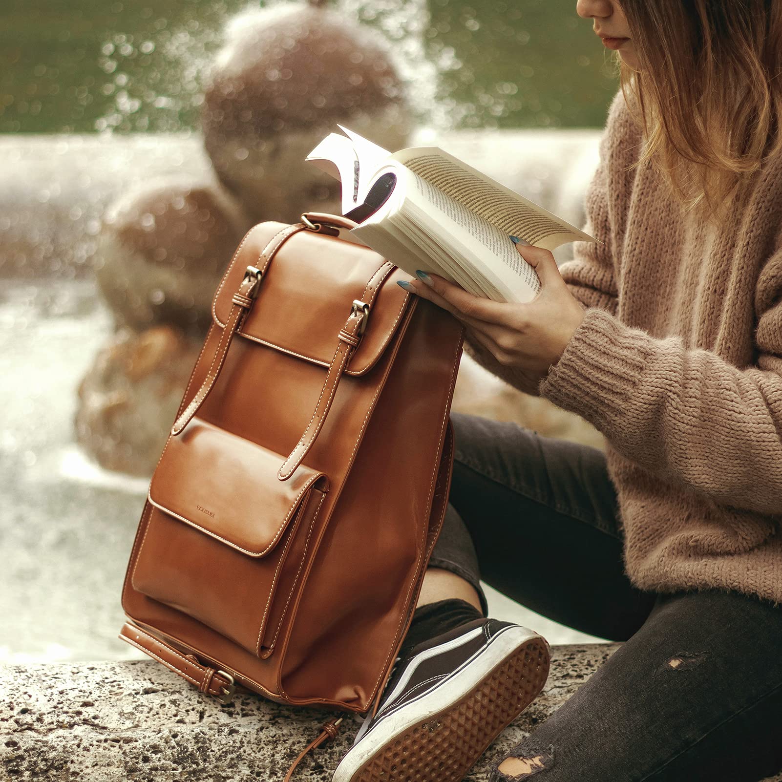 Vintage PU Leather Laptop Backpack for Women 15.6 Inch - Work & College