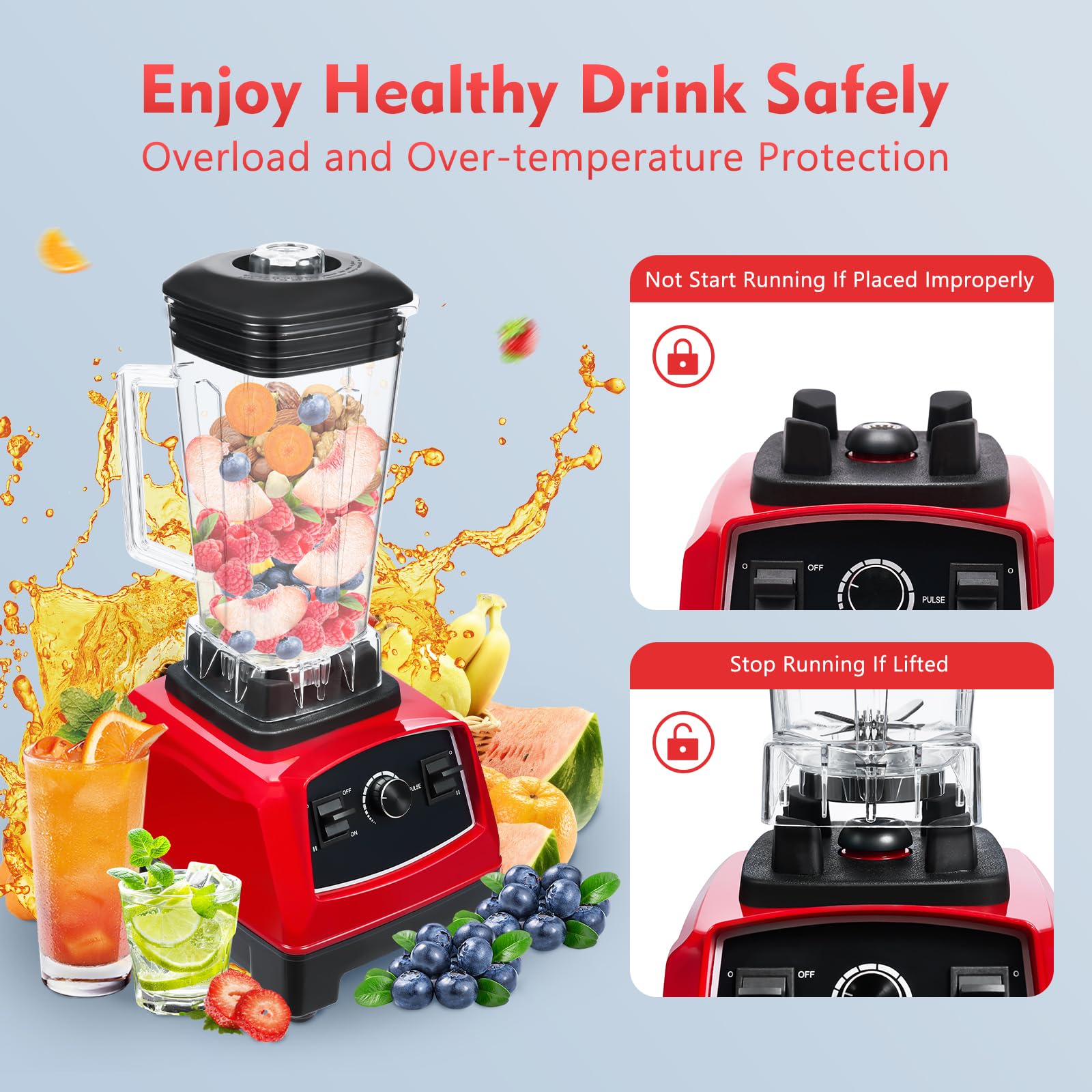 2200W Commercial Grade 2L Electric Countertop Blender - Heavy Duty Food Processor & Automatic Juicer with 10 Speed Settings - Perfect for Smoothies, Shakes, Baby Food & Kitchen Prep (Red)