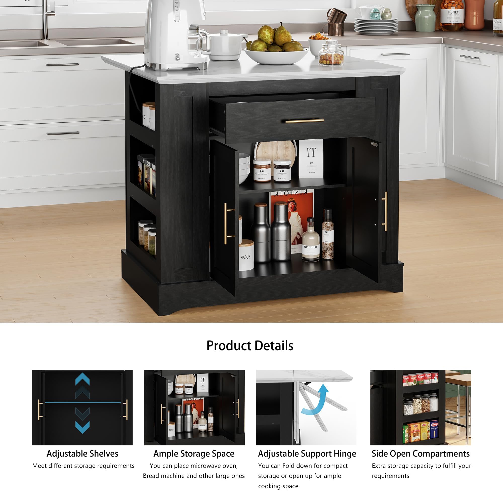 FUSUNBAO Large Kitchen Island with Storage, Power Outlet, Drawer, Adjustable Shelves, Side Compartments, Drop Leaf & Footrest, Black – Perfect for Small Kitchens and Open Floor Plans