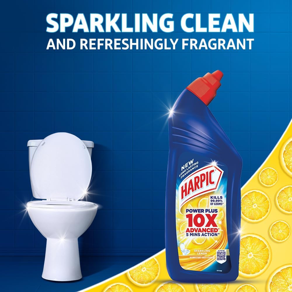 Harpic Lemon Disinfectant Bathroom Cleaner & Toilet Cleaner Liquid - 2 x 1L Pack | Kills 99.9% Germs | Fresh Lemon Scent | For Bathroom, Toilet, Sink & Tile Cleaning | Fast Stain Removal | Leaves No Residue