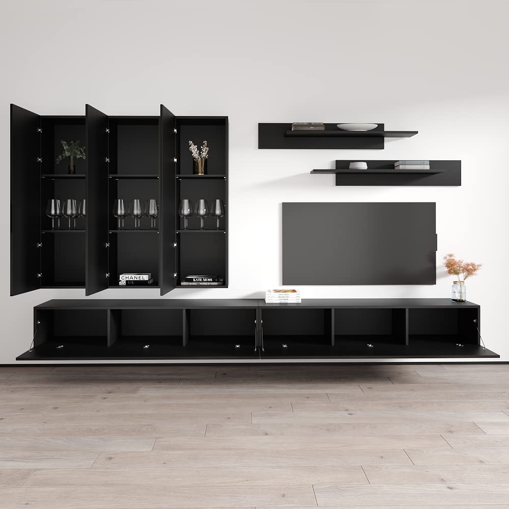 Modern Floating TV Stand with Storage & LED Lights - Wall-Mounted Entertainment Center for Bedroom & Living Room - E1 30TV Console with Shelves - Perfect for Small Spaces & Home Theater Setup - Black