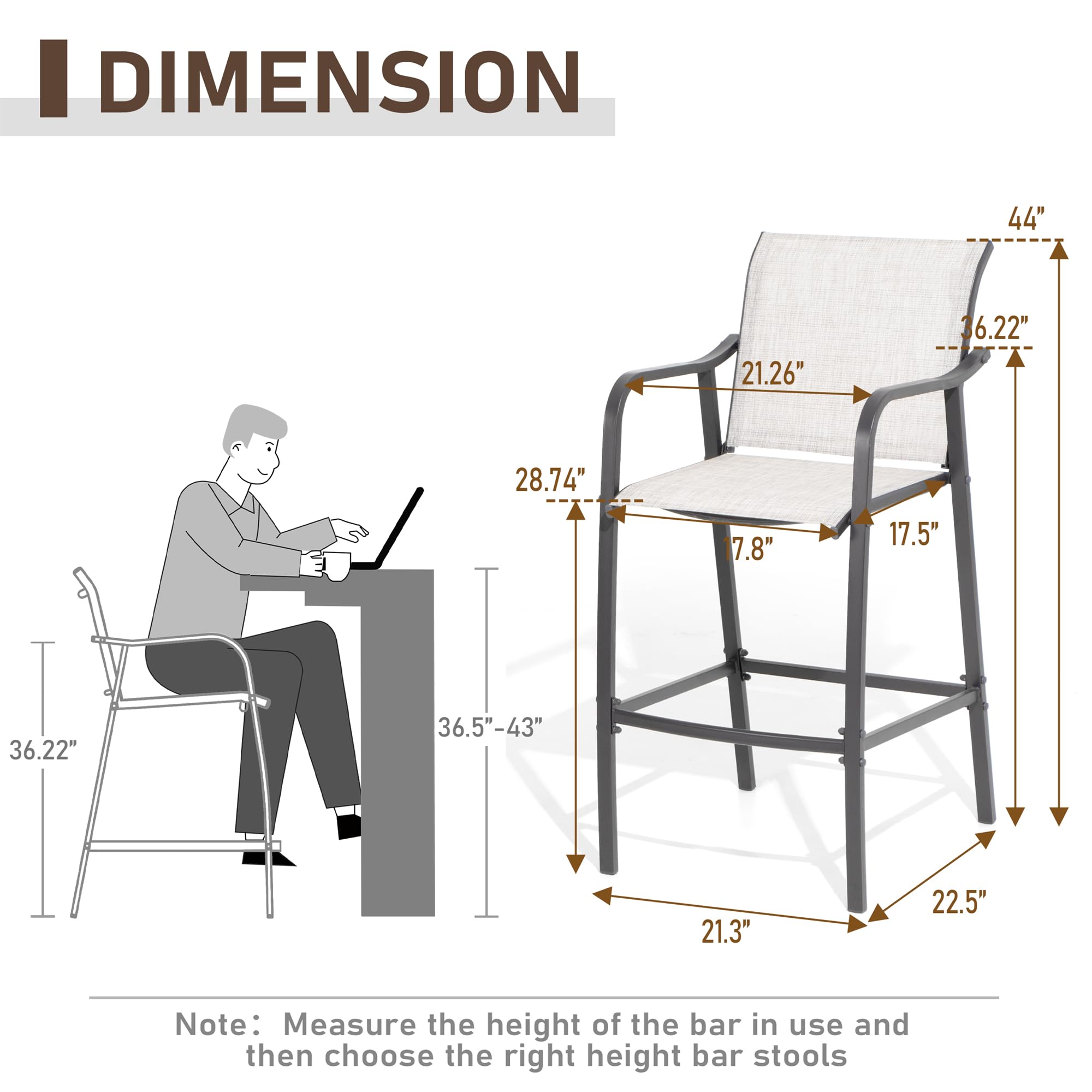Outdoor Metal Bar Stools Set of 2 - Counter Height Patio Chairs with Textilene Seat, Armrest & Footrest - Light Grey Steel Bar Stools for Backyard, Deck, Poolside & Outdoor Entertaining