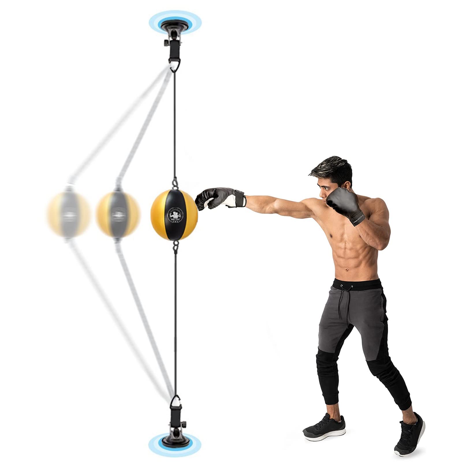 Double-End Speed Ball Boxing Bag with Suction Cup & Elastic Rope - Inflatable Reflex Training for Adults - Stress Relief, Fitness & Fight Skills - Home Gym, Office, or Apartment Workout (Yellow & Black) - Perfect for Boxing Practice, Cardio Exercise & Stress Management