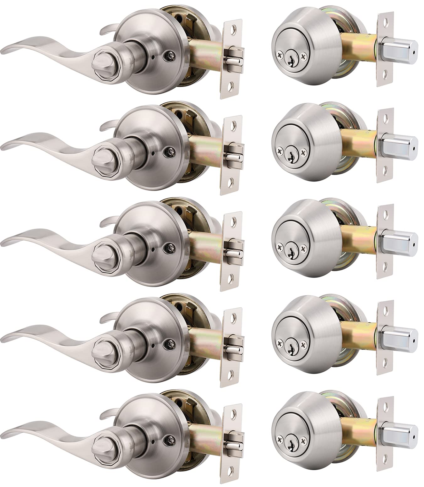 5-Pack Keyed Alike Entry Lever Lockset & Double Cylinder Deadbolt Combo Set - Satin Nickel Wave Style Door Handles for Front/Exterior Doors - Perfect for Home Security & Multi-Door Key Management